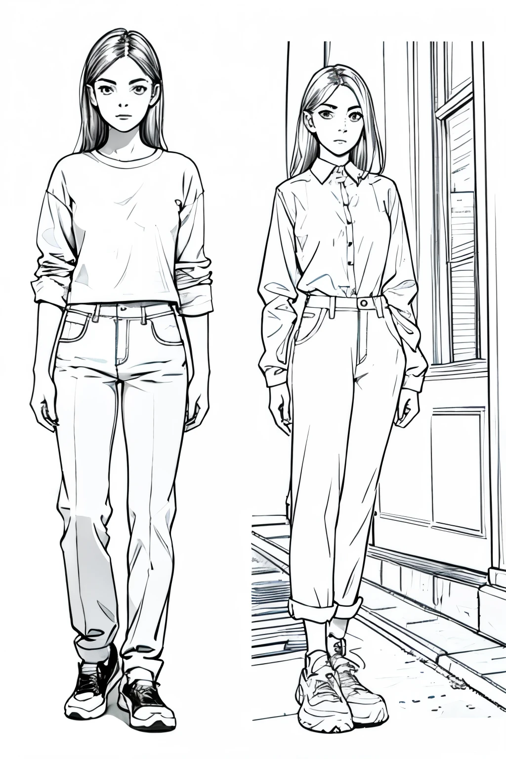 sketch of a young woman 20 years old with shirt and pants and shoes in different angles digital lineart
