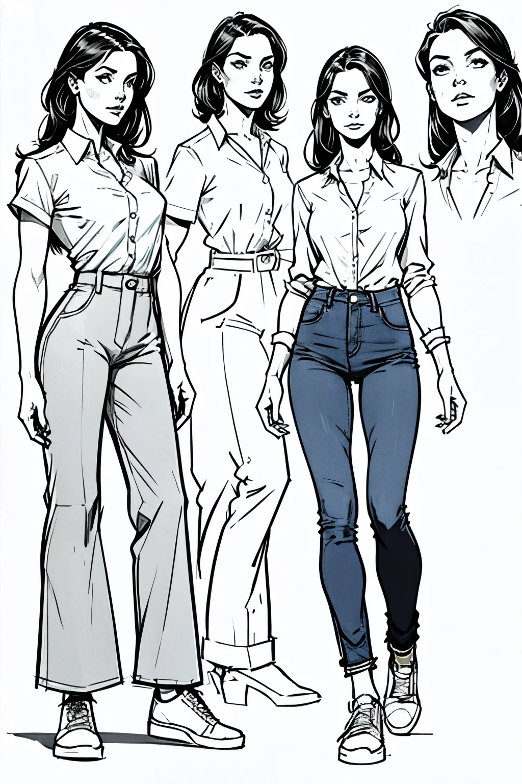 sketch a young woman 20 years with elegant shirt and pants and shoes in different angles digital lineart