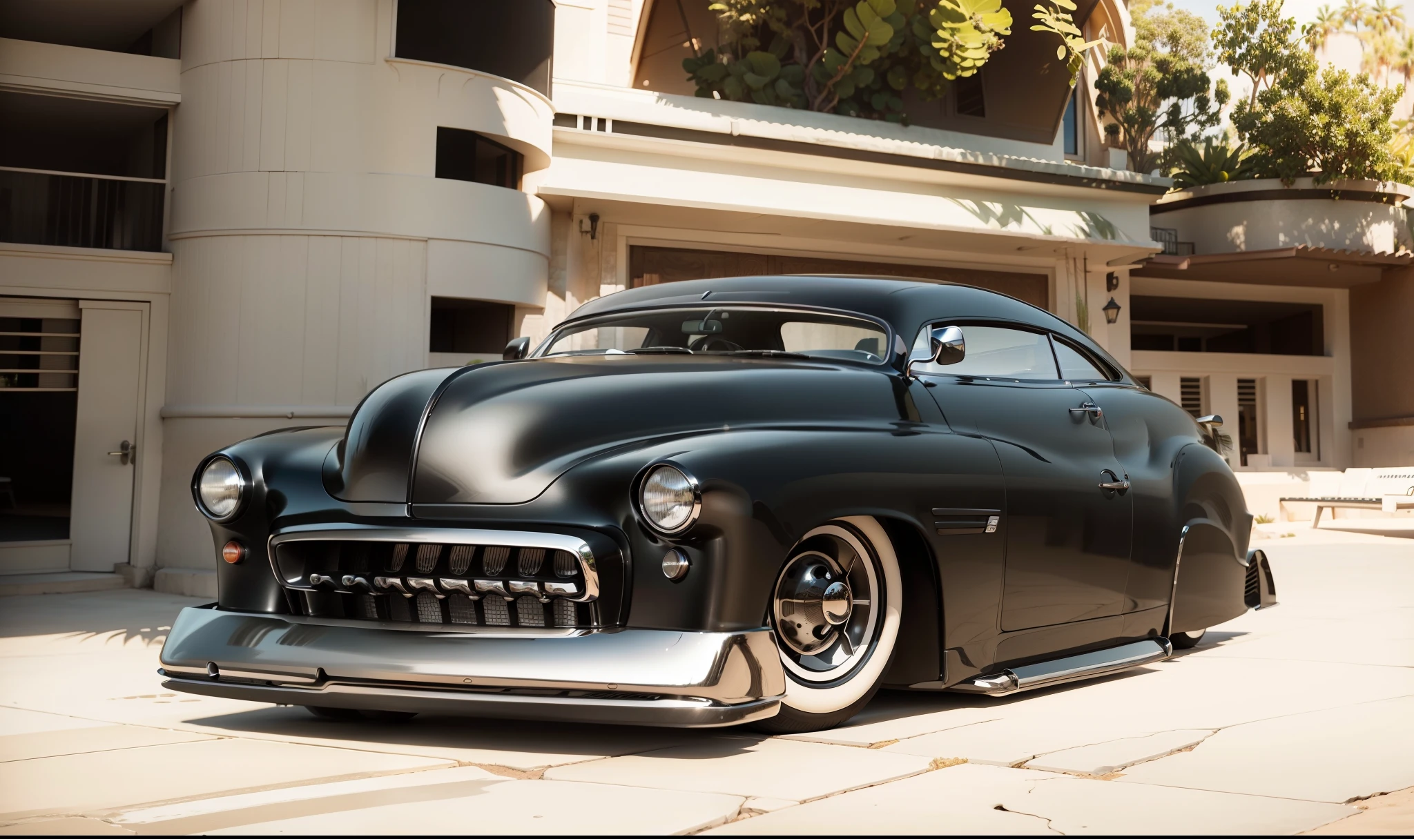 Imponente Preto Mercury 49 Show Car, enormes rodas BBS, Ridiculously low posture parked near palm trees and beautiful mansions with oceanfront balconies with the sun shining and reflecting all around and on the yachts in the background in sunny California by Syd Mead