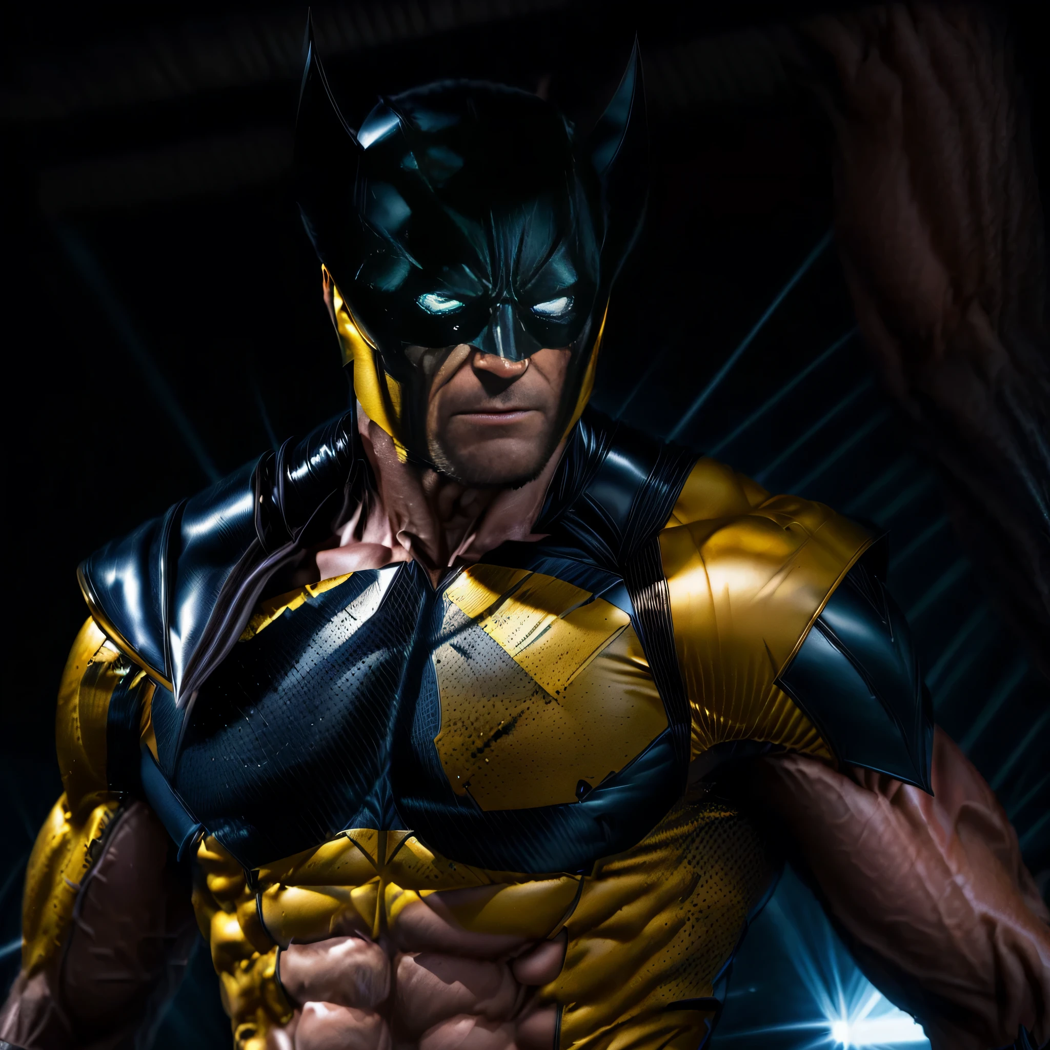 In the midst of carefully arranged studio lighting, Hugh Jackman personifica a essência de Wolverine, striking a dynamic pose. He wears the classic yellow X-Man suit, each seam highlighted by the interplay of light and shadow. O traje, comfortable, mas resistente, acentua sua estrutura muscular, com listras pretas enfatizando sua silhueta elegante. Metallic details adorn the suit, reminiscente de suas garras de adamantium, O conjunto X-Force, renderizado em 4K hiper-realista, sums up Wolverine&#39;s resilience. Every detail speaks volumes of your determination. As he strikes his action-packed pose, studio lights dance around you, capturing the essence of this Marvel icon in a celebration of his legacy.