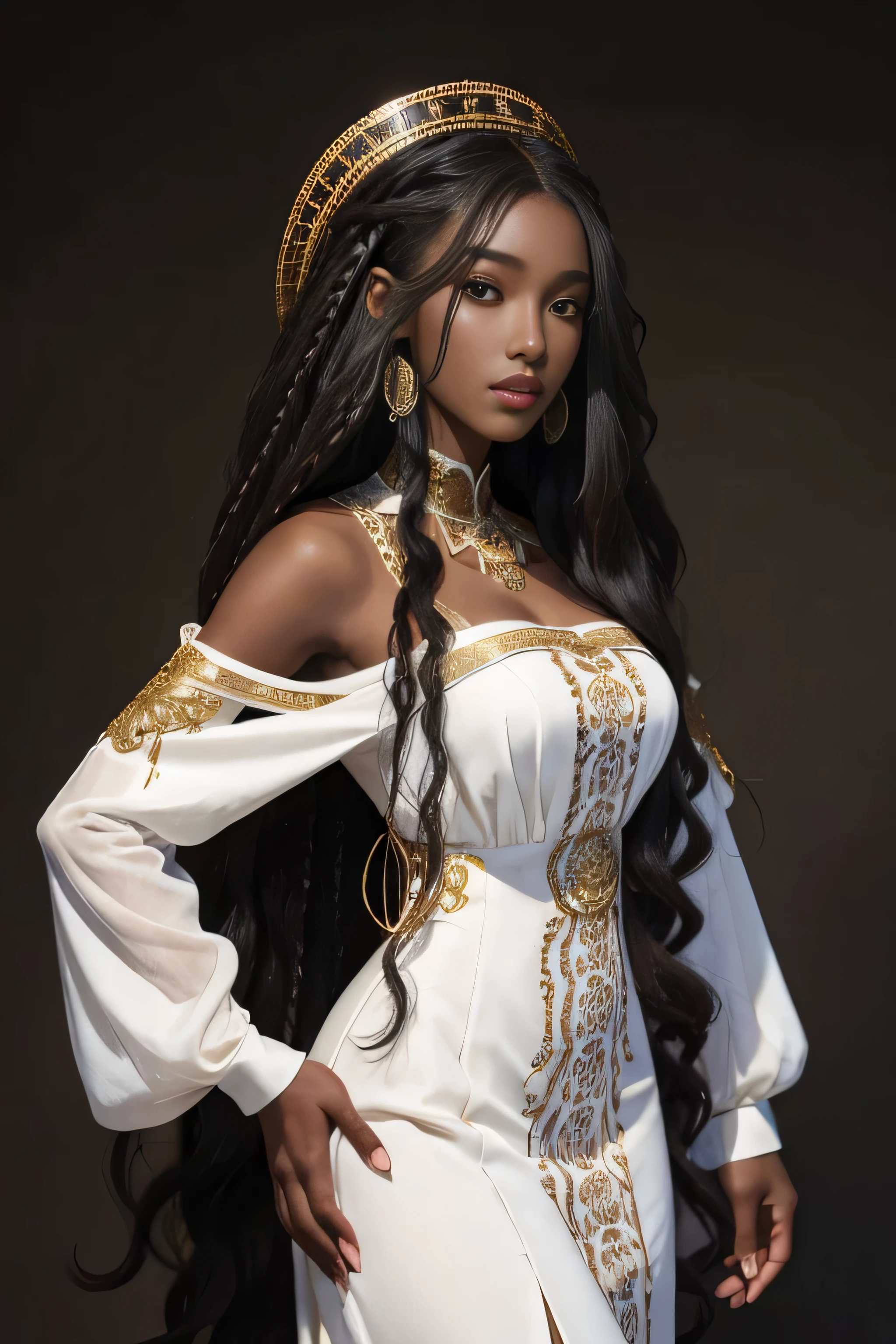 masterpiece, best quality, beautiful 19 year old, ebony skin female, long wild, frizzy white curly hair, perfect face, exquisite clothes, half body, brown skin, long white hair