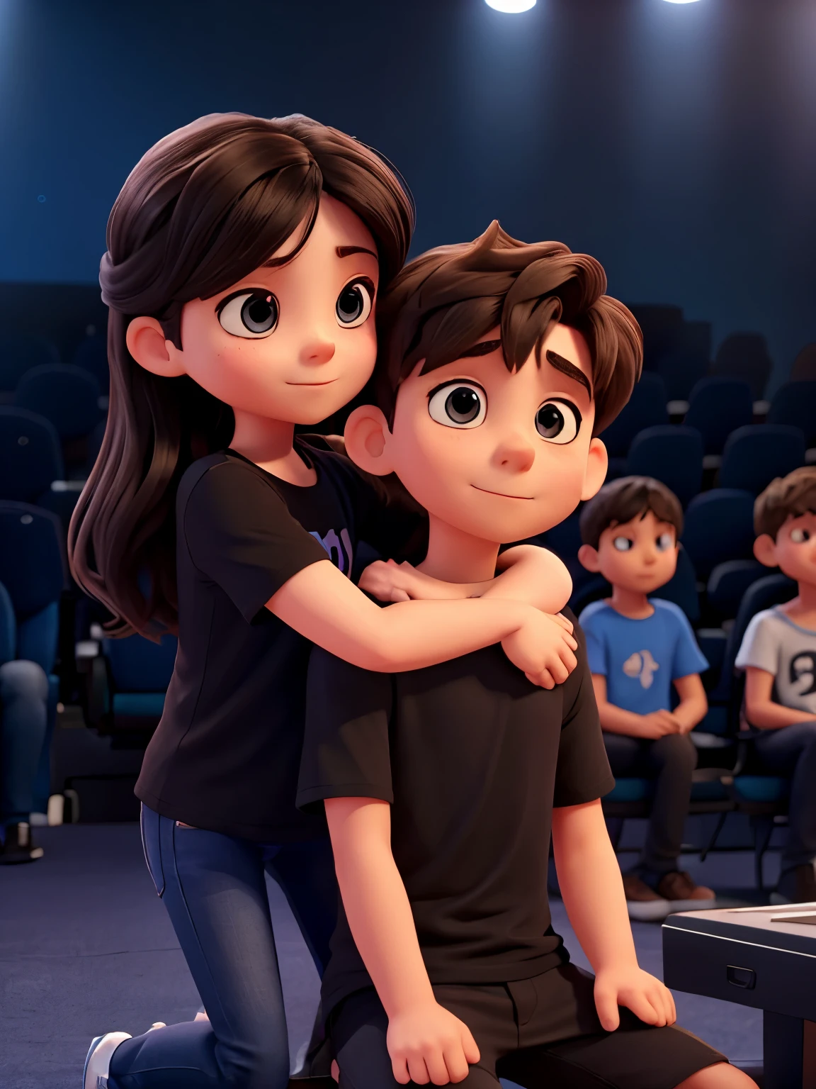 The girl is wearing a black t-shirt, the boy is wearing a blue t-shirt, hugging and sitting in a film hall. Realistic high quality background 3D
