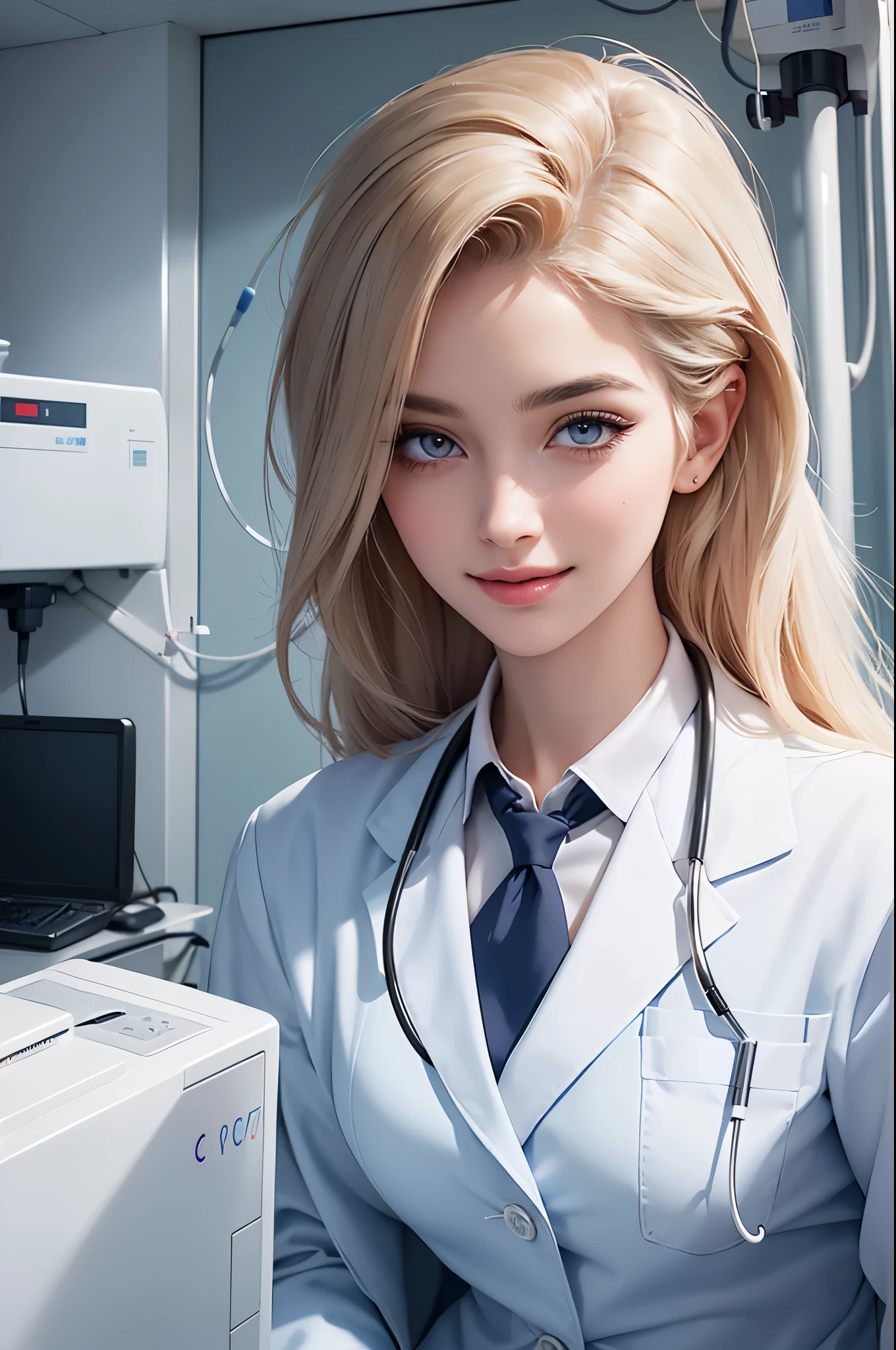 beautiful detailed eyes, beautiful detailed lips, extremely detailed face, stethoscope, white lab coat, confident and caring expression, long eyelashes, neatly styled hair, professional atmosphere, clean and bright clinic, medical equipment, modern hospital setting, smiling patients, warm and comforting environment