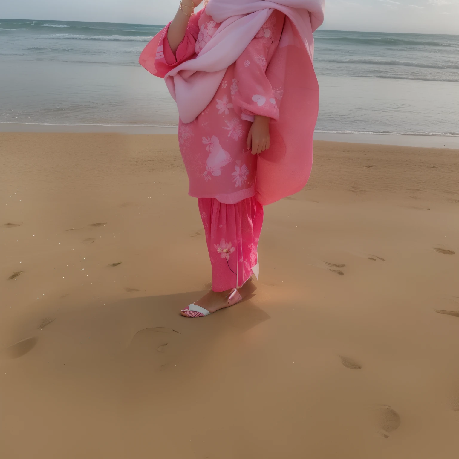 there is a woman standing on the beach holding an umbrella, wearing pink floral chiton, some pink, pink white turquoise, pink and pink details, pink clothes, lowres, looking out at a pink ocean, standing at the beach, pink, wearing a fisher 🧥, at the sea, thisset style, ((pink)), in the beach, serena malyon