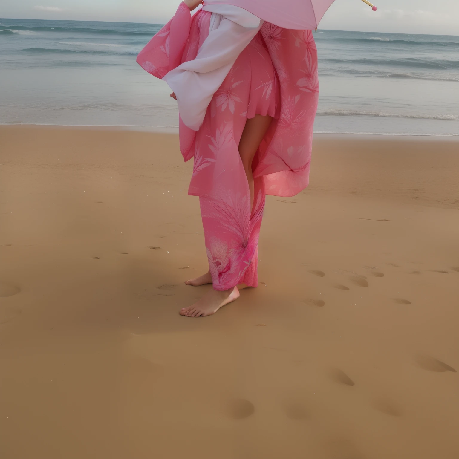 there is a woman standing on the beach holding an umbrella, wearing pink floral chiton, some pink, pink white turquoise, pink and pink details, pink clothes, lowres, looking out at a pink ocean, standing at the beach, pink, wearing a fisher 🧥, at the sea, thisset style, ((pink)), in the beach, serena malyon