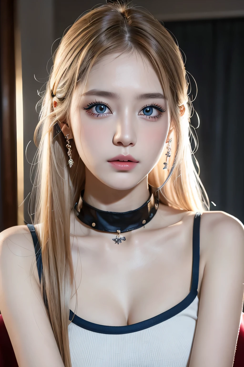8k、High resolution、punk fashion、beautiful girl、young、white skin,、narrow eyes,high nose,lighting that illuminates the face、clear image、intellectual beauty、skinny、no makeup、anxious look、lighting that illuminates the face,shining hair、single eyelid,blue eyes