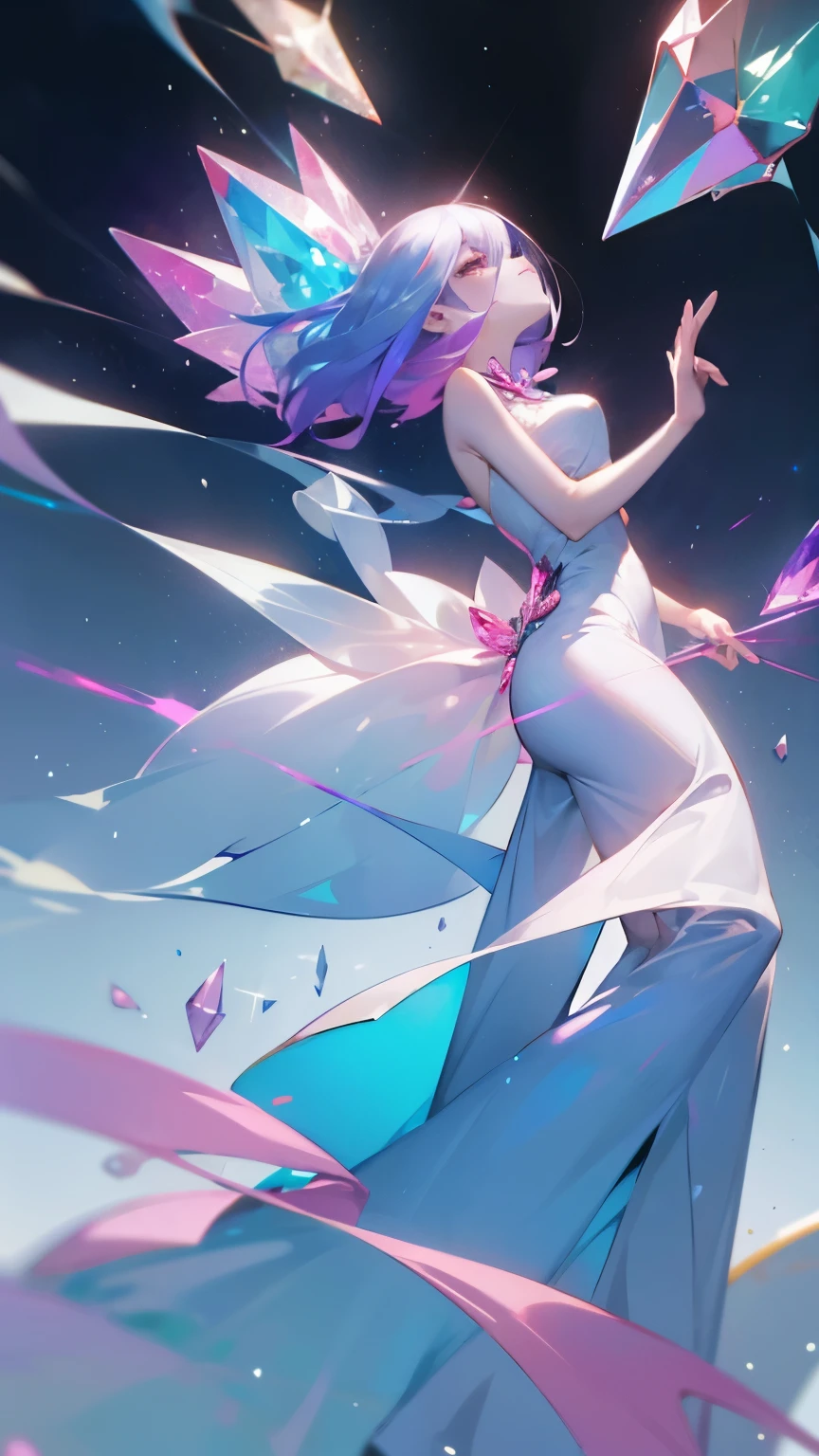 Girl crystal, chipped, shimmering inside, full height, many details, melancholy, Girl composed of crystal, white skin, full length, woman, many colors, not human, Colorful, Gems, Colorful, bright, saturated, Colored Hair, Colored Clothes, Precious, woman