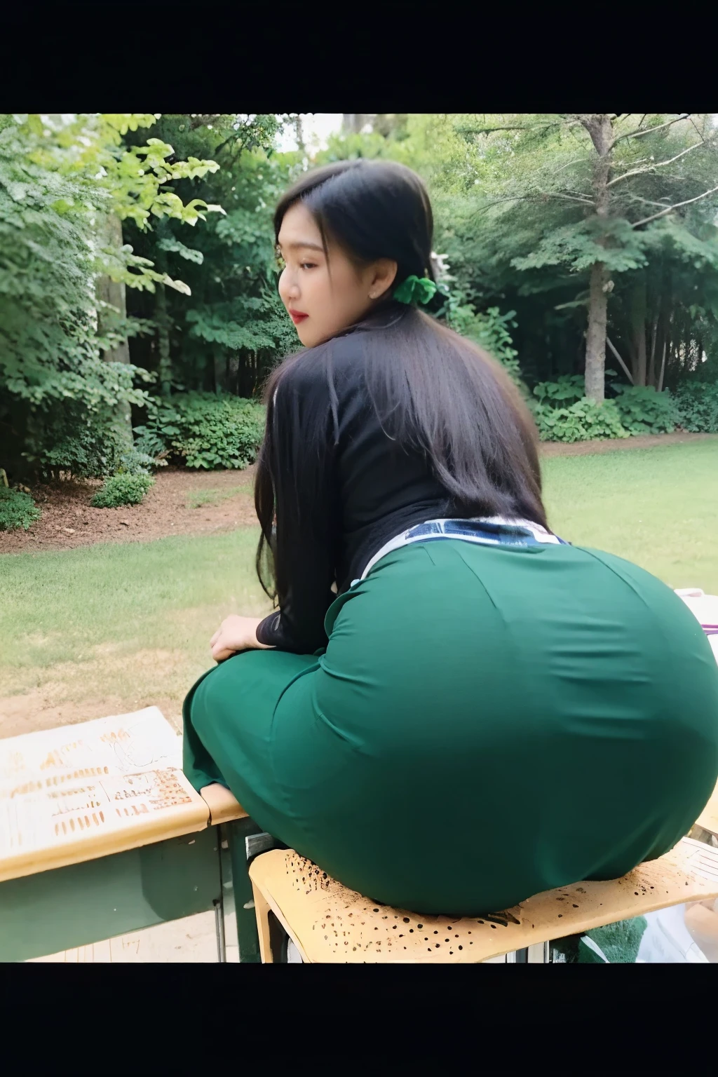 wider hips,more huge rounded hips,bbwchan,tight skirt wrapped around her hips,back view,lit from behind