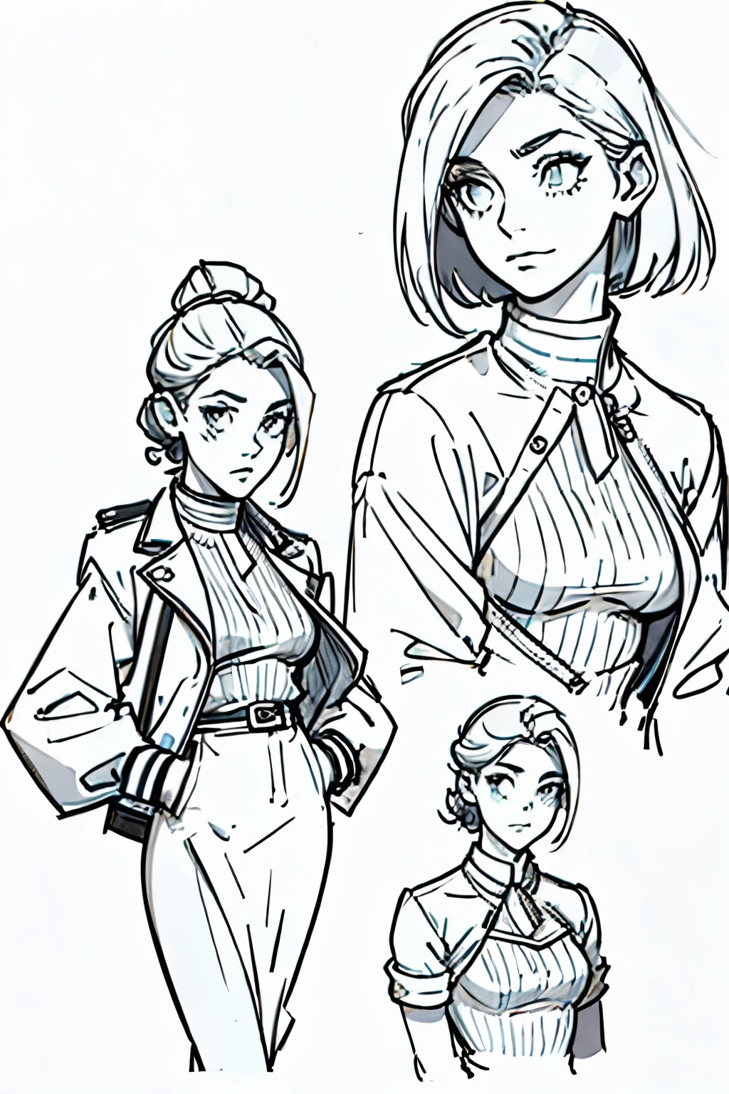 sketch of a young woman 20 years old with fashion ( corpo todo ) at different angles digital lineart