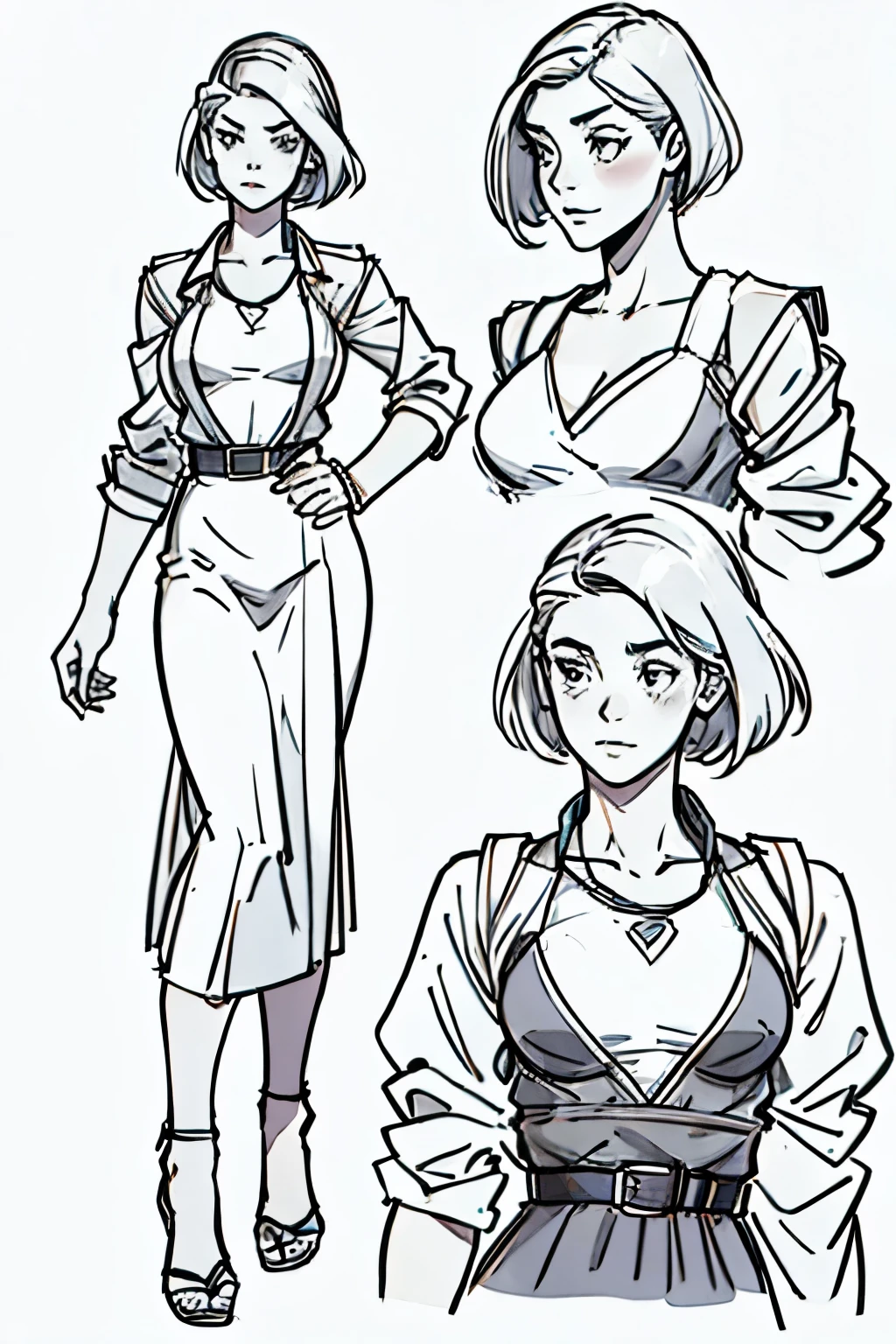 sketch of a young woman 20 years old with fashion ( corpo todo ) at different angles digital lineart