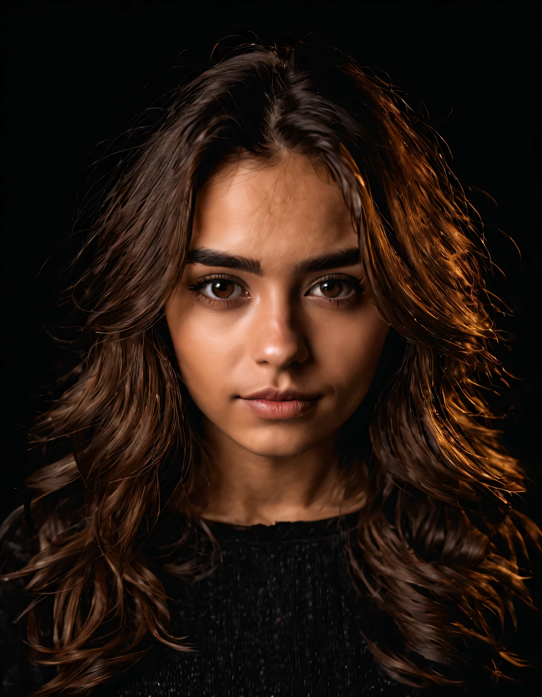 portrait photo of a 20 years old woman named Ramona klyde, brown eyes, studio lighting, black background, (front view : 2:0 ), detailed, 8K, 