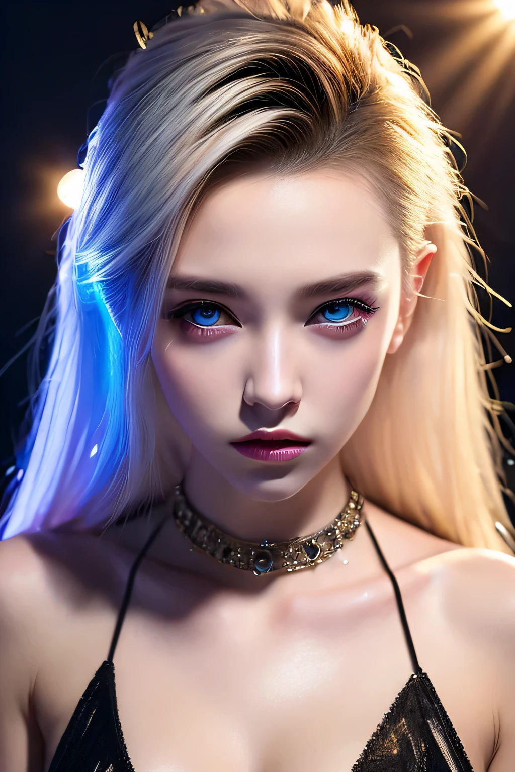 8k、High resolution、punk fashion、beautiful girl、young、white skin,、narrow eyes,high nose,lighting that illuminates the face、clear image、intellectual beauty、skinny、no makeup、anxious look、lighting that illuminates the face,shining hair、single eyelid,blue eyes
