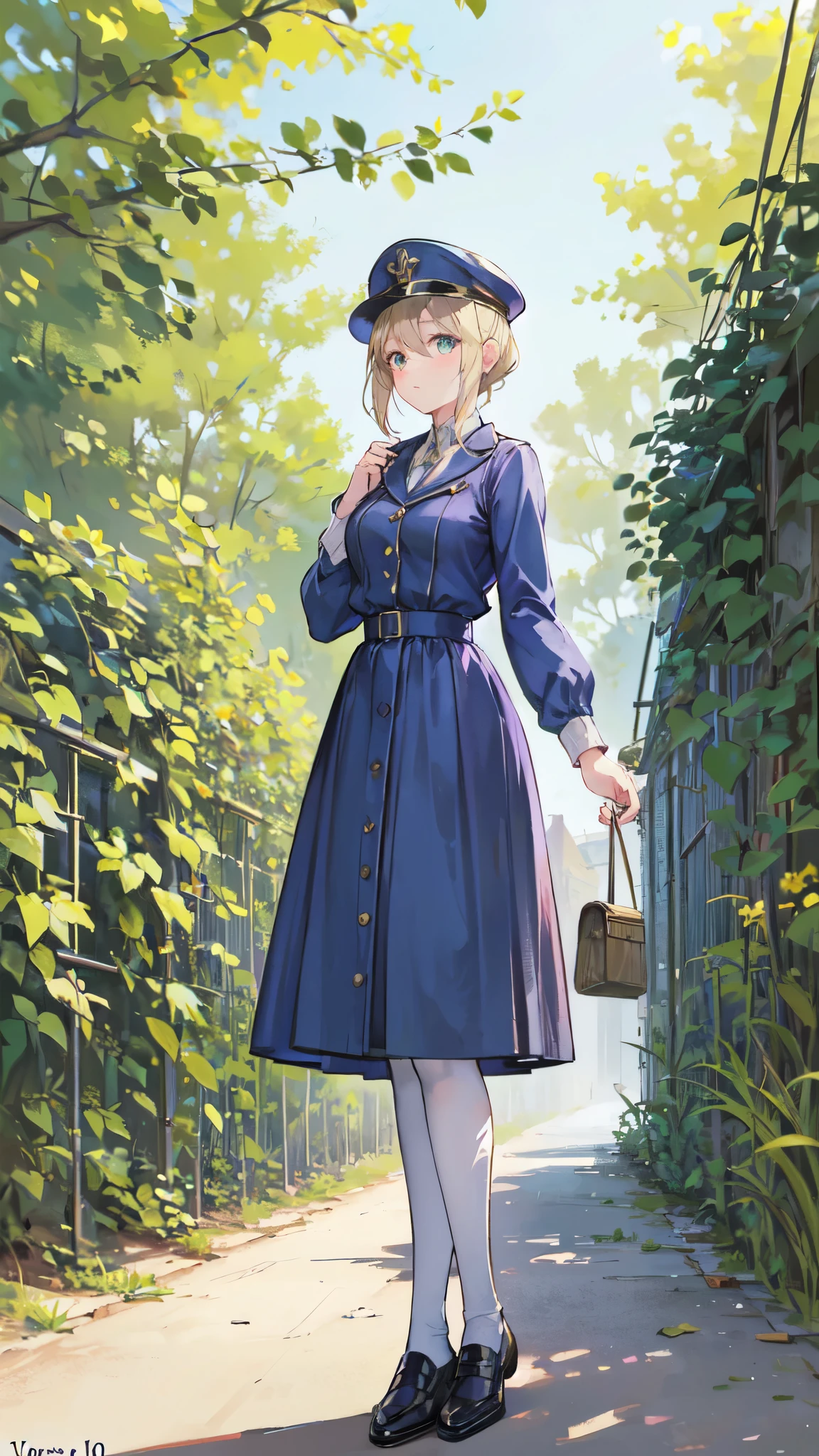 A woman standing in a town in the countryside, 1950’s aesthetic mixed with 1960’s, vintage military uniform, peace time, stylized in honor of violet evergarden, original character, 
