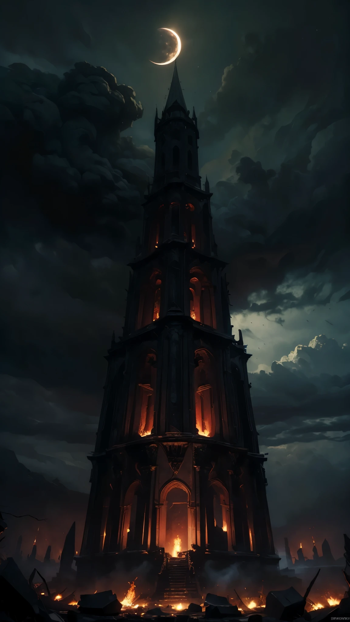 ((masterpiece:1.4), extremly detailed, best quality, 8k, ultra hd), red and black colours, dnd, grim fantasy, dark clouds, low brightness, lunar eclipse, bonefire, huge ruins of the medieval castle, grey clouds, ruins everywhere, the end of the world, apocalypse, ashes in the air, burning ashes in the air, dark fantasy