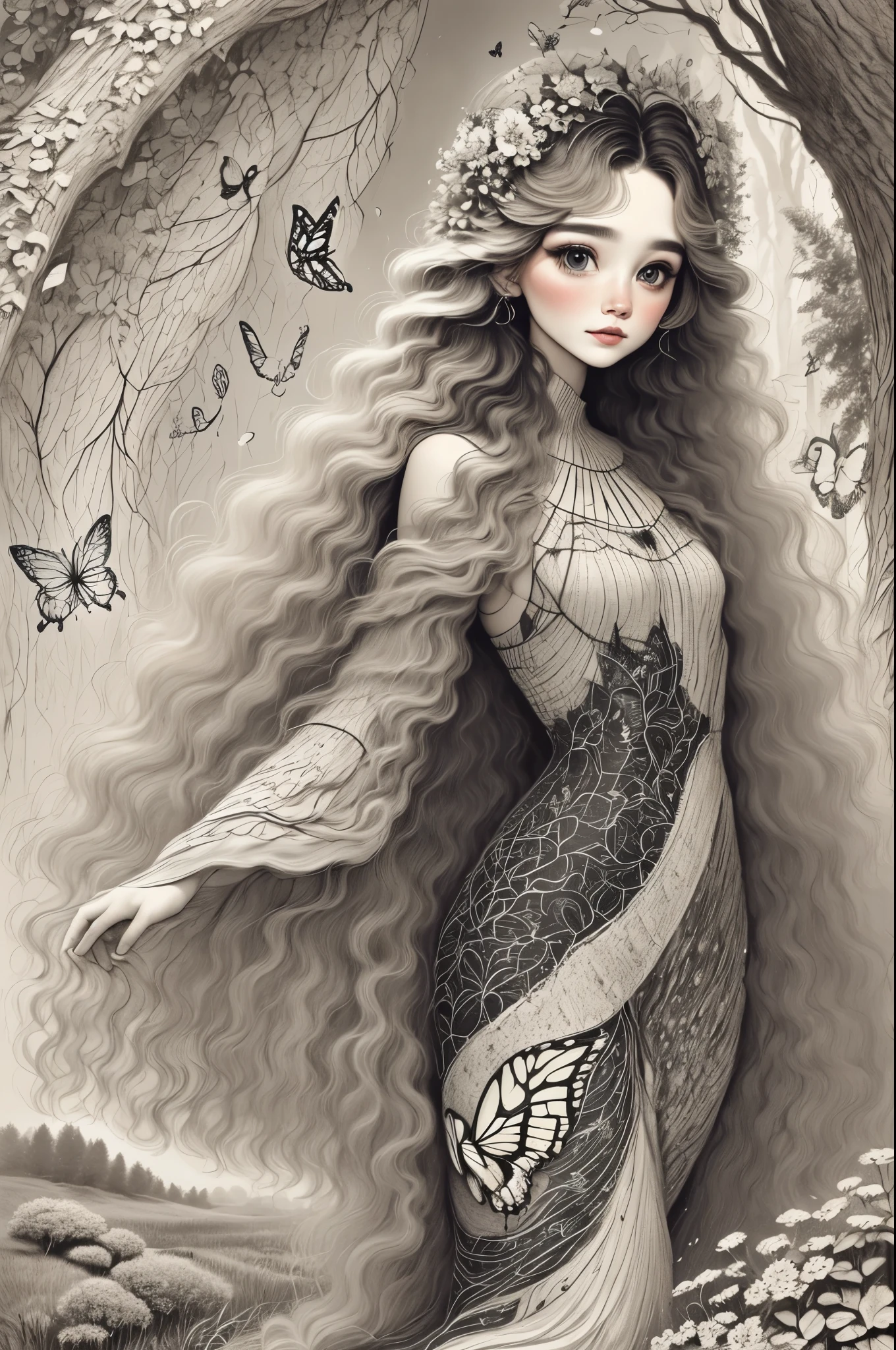 The landscape is filled with paths made of various flowers that represent your journey. This is a quiet grove, Magical beautiful delicate butterfly, Things of all sizes fly around it . The colors chosen for the cover exude an air of sobriety, brightness, Connection with nature,Dusk begins in the background, There is a mysterious and charming atmosphere. There is a beautiful woman with long hair in the woods, delicate face, And very beautiful. Woman is in the center of the image,Smaller in size than landscape,There are many butterflies representing transformation next to it.