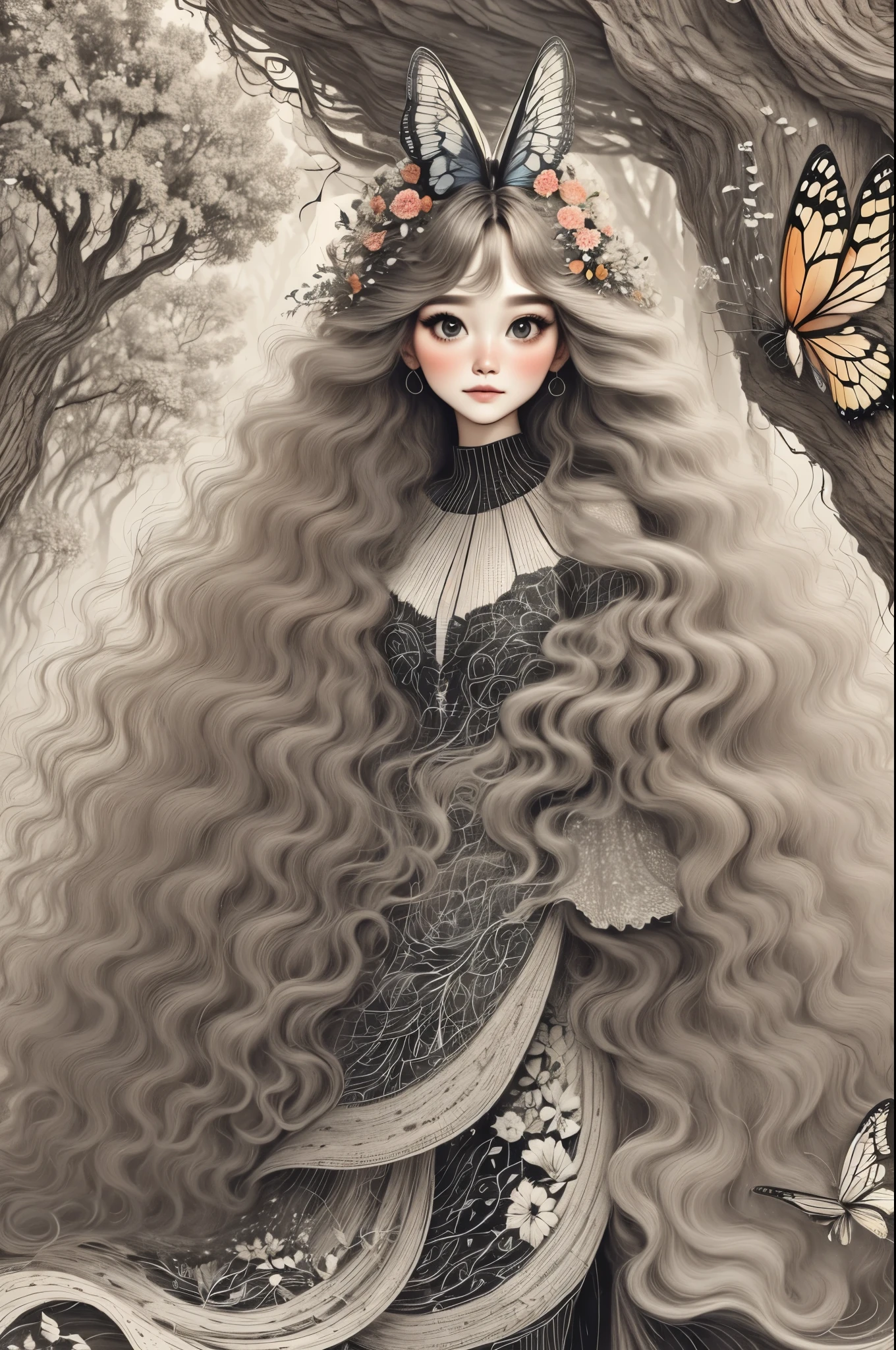 The landscape is filled with paths made of various flowers that represent your journey. This is a quiet grove, Magical beautiful delicate butterfly, Things of all sizes fly around it . The colors chosen for the cover exude an air of sobriety, brightness, Connection with nature,Dusk begins in the background, There is a mysterious and charming atmosphere. There is a beautiful woman with long hair in the woods, delicate face, And very beautiful. Woman is in the center of the image,Smaller in size than landscape,There are many butterflies representing transformation next to it.