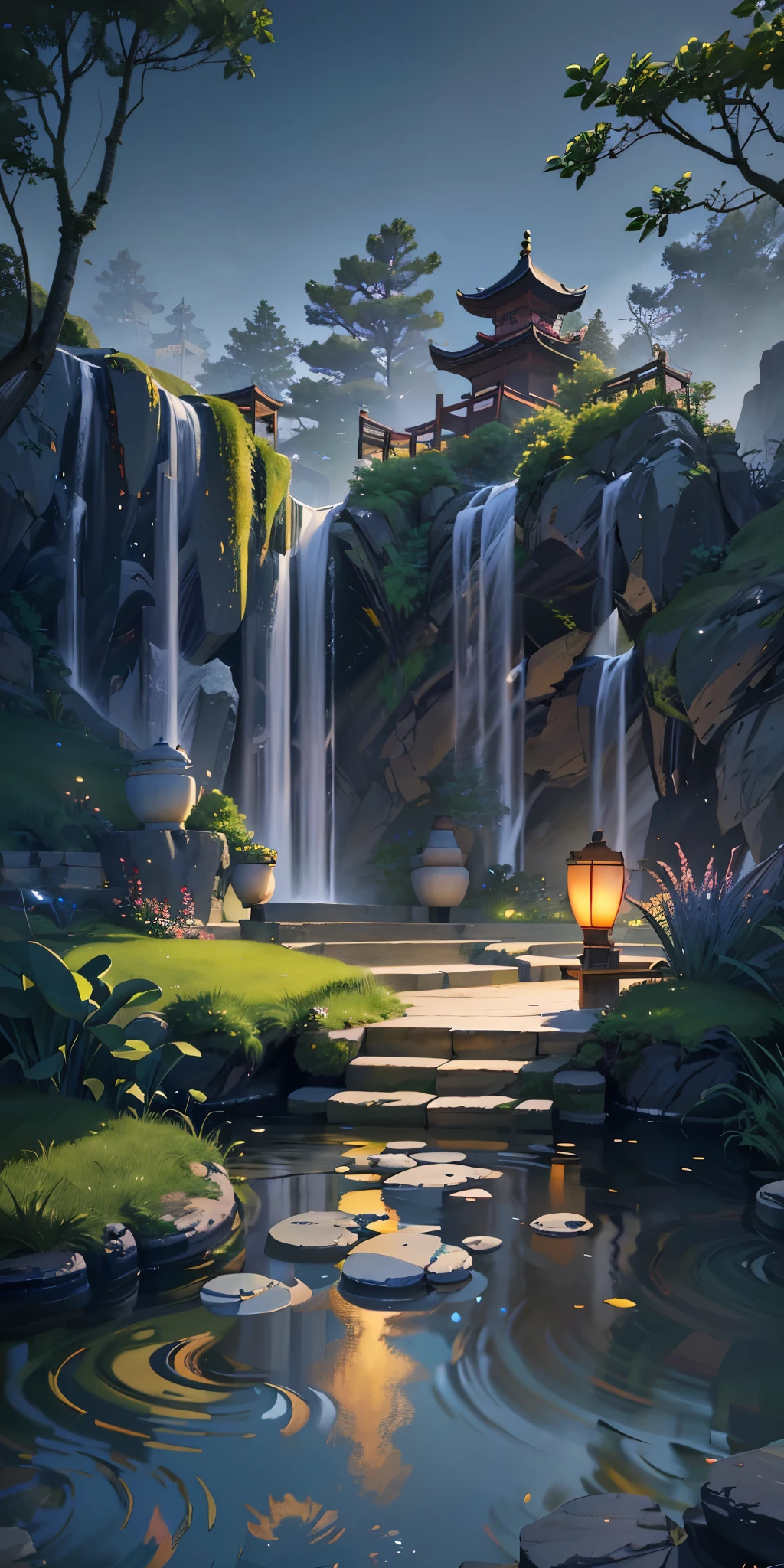 Ancient Chinese architecture, moon, midnight, garden, bamboo, lake, stone bridge, rockery, arch, corner, tree, running water, landscape, outdoor, waterfall, grass, rock, water lily, hot spring, water vapor, (Illustration: 1.0), Epic composition, realistic lighting, HD details, masterpiece, best quality, (very detailed CG unity 8k wallpaper), (very detailed CG unity 8k wallpaper), (very detailed CG unity 8k wallpaper), (very detailed CG unity 8k wallpaper), (very detailed CG unity 8k wallpaper), (very detailed CG unity 8k wallpaper), (very detailed CG unity 8k wallpaper), (very detailed CG unity 8k wallpaper), (very detailed CG unity 8k wallpaper), wallpaper (best quality)