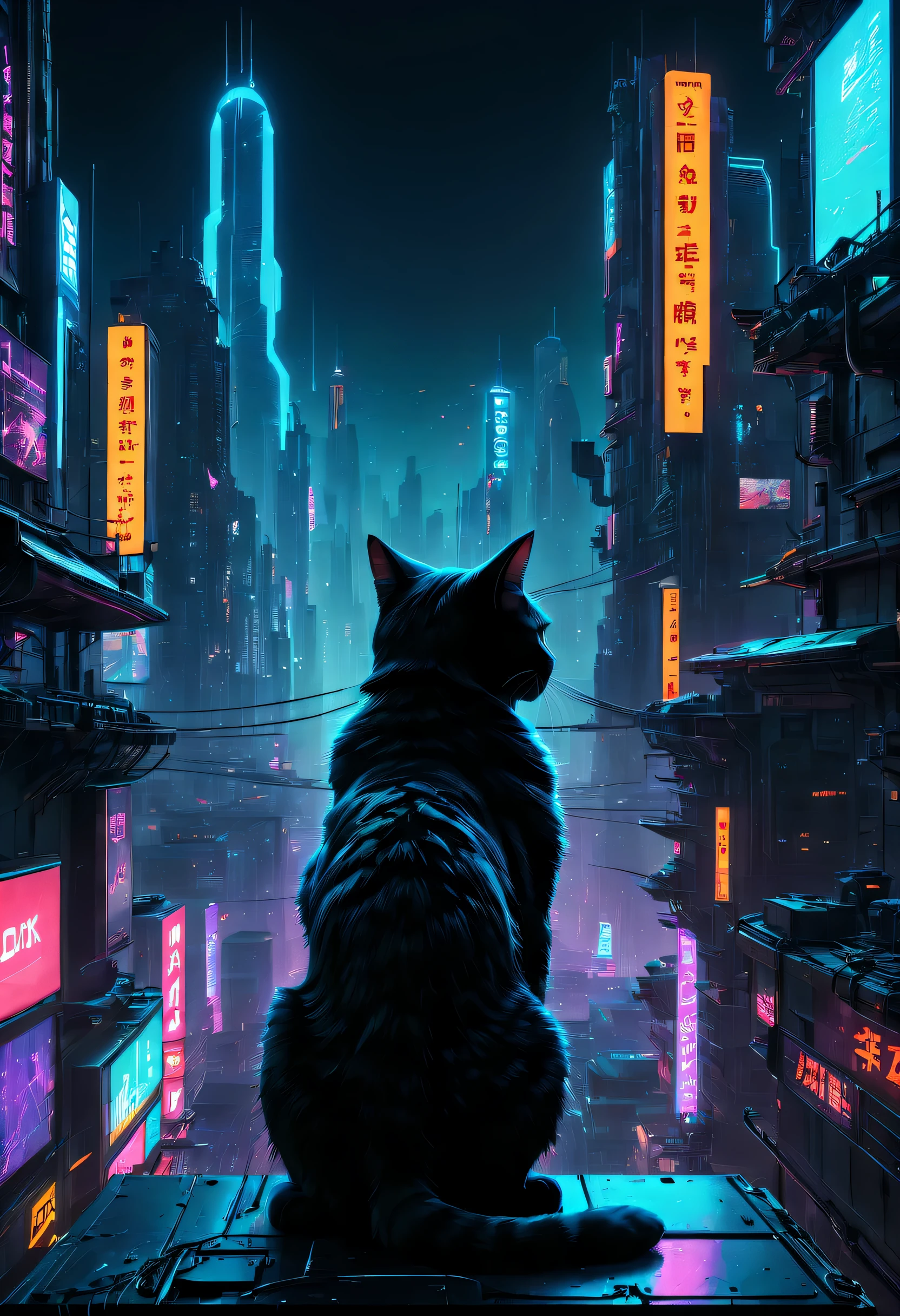 hyper realisitc, cellshading, anaglyph, stereograms, Standing Picture, Perspectives, atmosphric perspective, 8K, super detailinging, Acura, Best quality at best, A high resolution, 16k, hyper HD, Award-Awarded, Anatomically correct,satelite imagery, ultra-wide-angle, 8K, super detailing, acurate, Best quality at best,Enjoy stunning night views of the city,Stray cat on the roof,scribbles,the street,trafic,neonlight,advertising billboard, Digital Cyberpunk Art,, science fiction digital art, Advanced Digital Cyberpunk Art, epic fantasy digital art style, dark fantasy style art, Epic fantasy art style,, dark fantasy art style, Epic fantasy art style HD, dark fantasy digital art,a vast cybernetic network metropolis. neonlight,advertising billboard,embeddedLEDilluminated. , Excellent location,Features city views, Vibrant neonlight, panoramic view of a city,skylines."