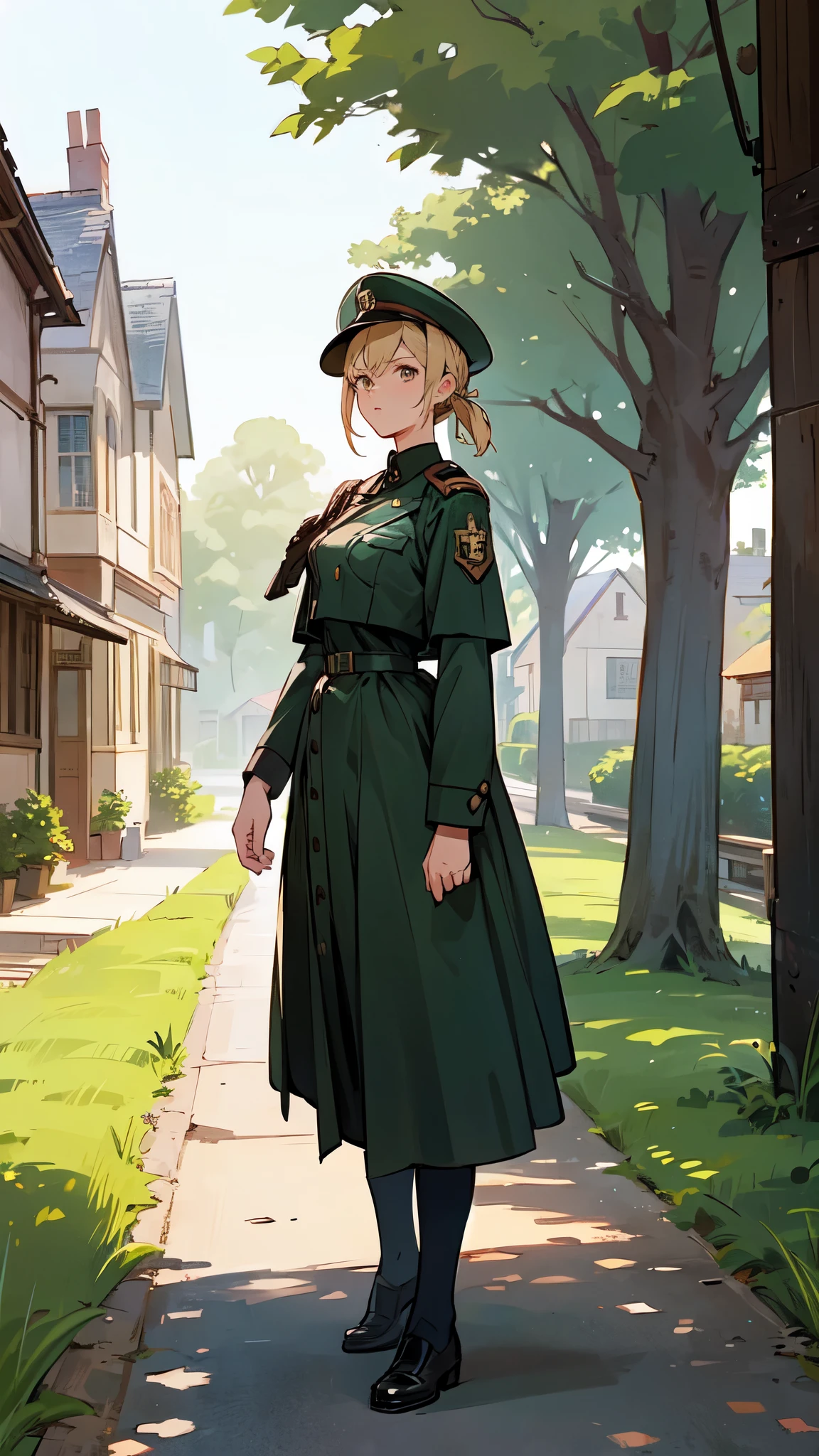 A woman standing in a town in the countryside, 1950’s aesthetic mixed with 1960’s, vintage military uniform, peace time, stylized in honor of violet evergarden, original character, 