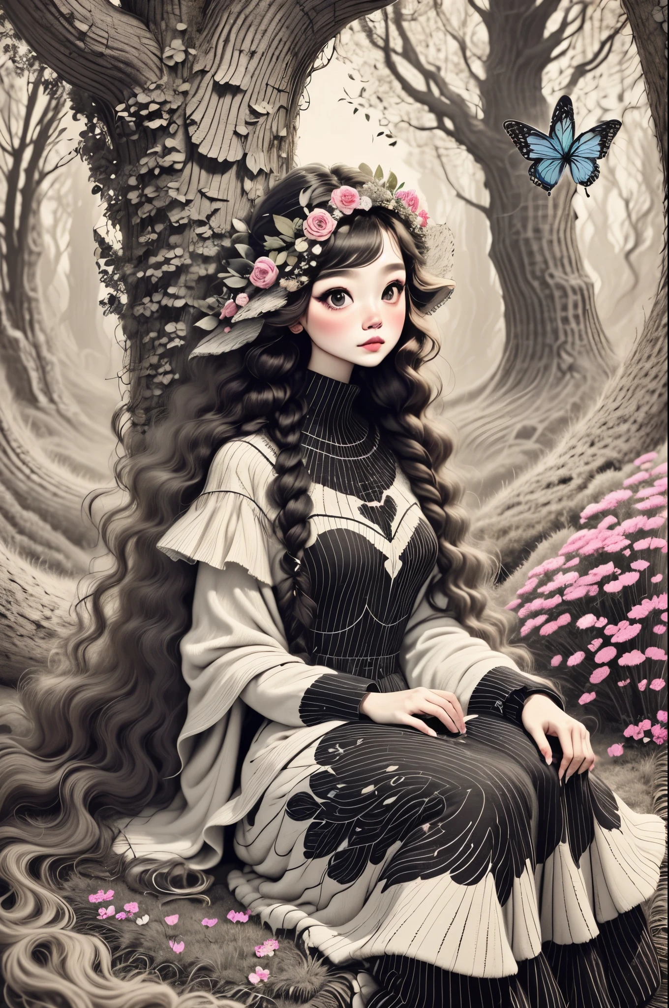 The landscape is filled with paths made of various flowers that represent your journey. This is a quiet grove, Magical beautiful delicate butterfly, Things of all sizes fly around it . The colors chosen for the cover exude an air of sobriety, brightness, Connection with nature,Dusk begins in the background, There is a mysterious and charming atmosphere. There is a beautiful woman with long hair in the woods, delicate face, And very beautiful. Woman is in the center of the image,Smaller in size than landscape,There are many butterflies representing transformation next to it.