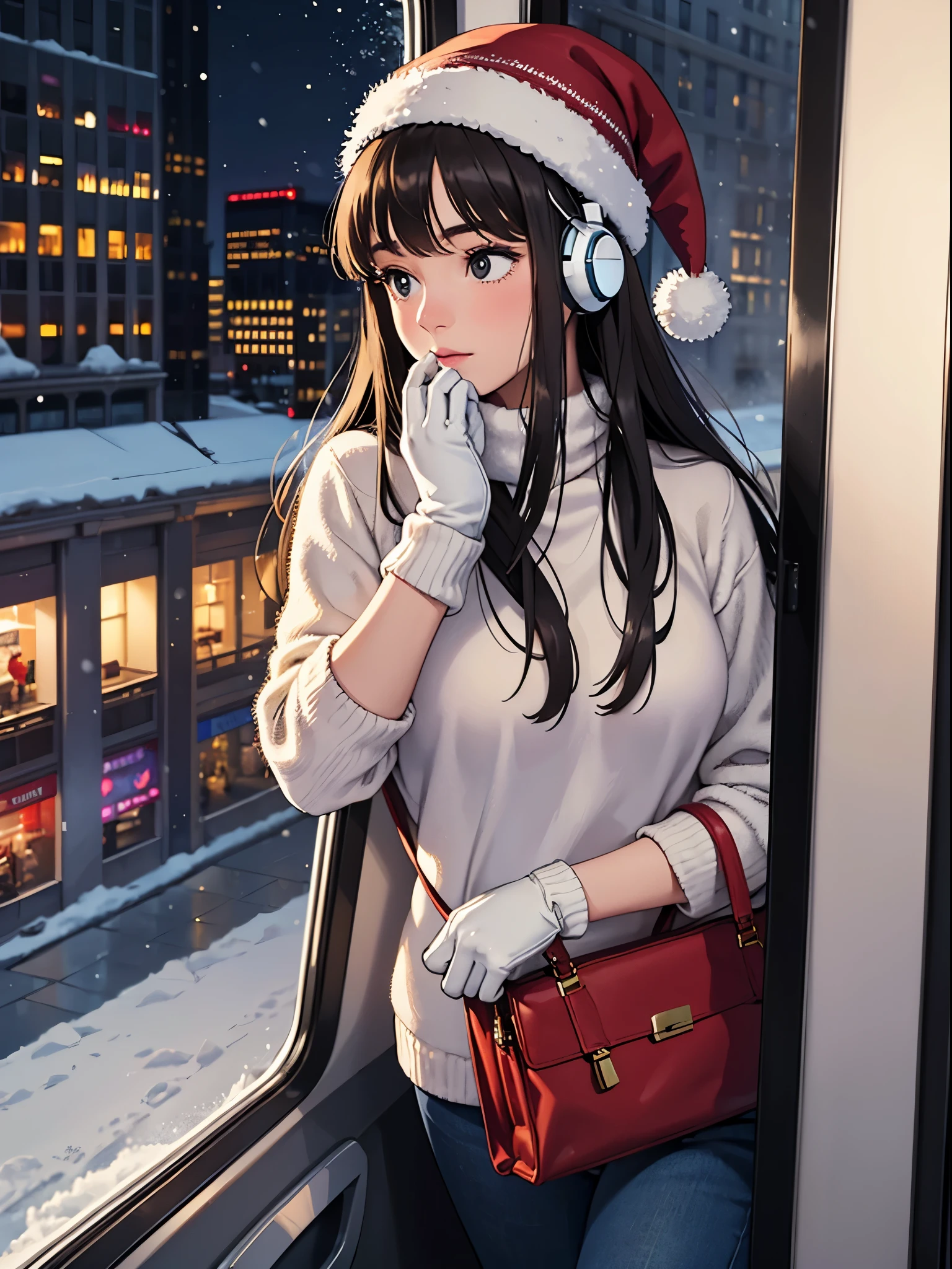 lofi relaxed one brunette girl with headphones drives inside bus, looks through window, head glued to window. winter night, it's snowing a lot. beautiful winter landscape of New York Rockefeller Center with huge (Christmas trees). travel. tourist. christmas sweater, gloves, winter hat. long hair. cold breath.