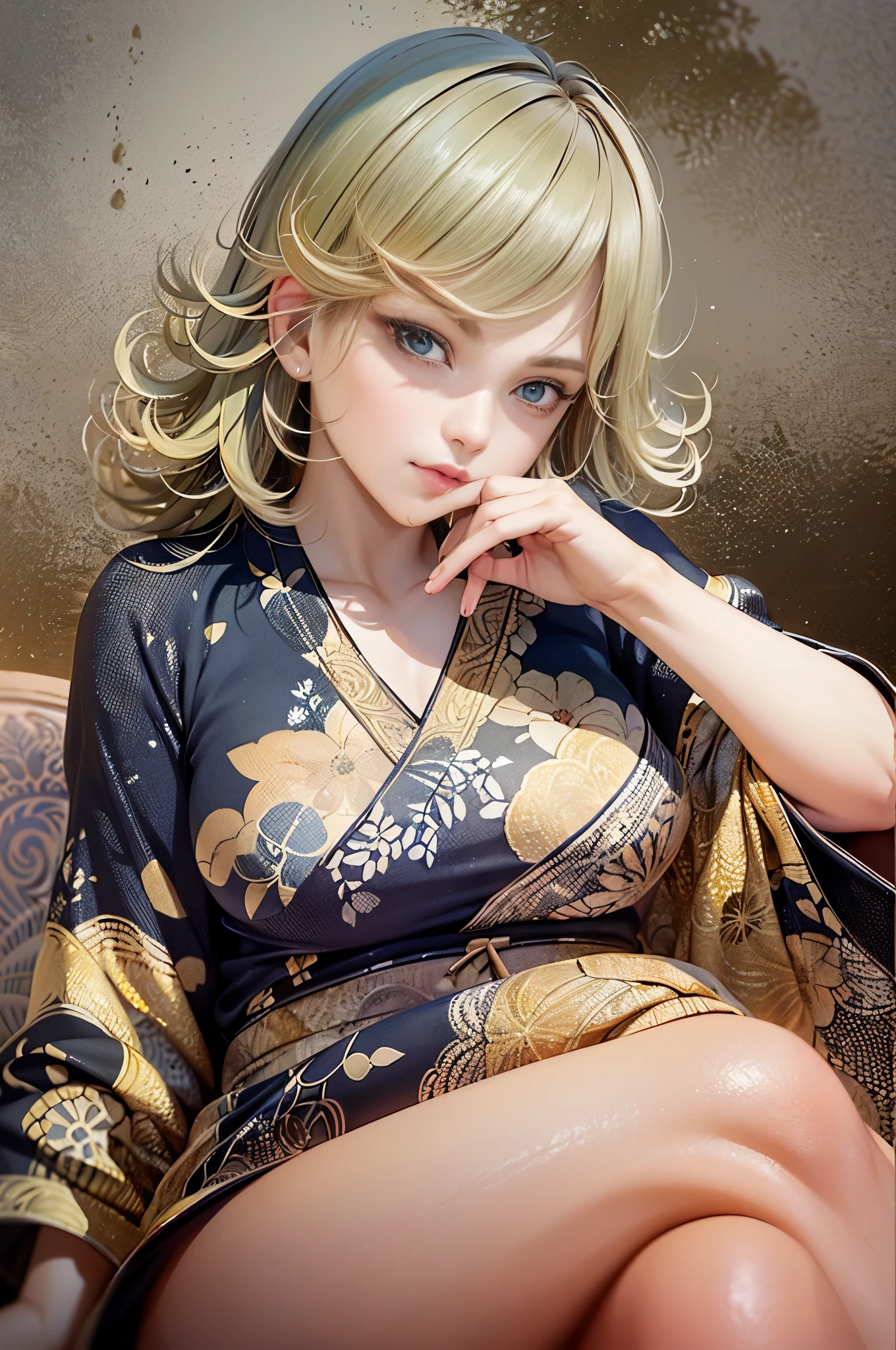 (masterpiece, best quality:1.2), solo, 1girl, tatsumaki, unamused, closed mouth, looking at viewer, hand on own face, sitting, crossed legs,short  kimono,green hair, green eyes,big thighs 