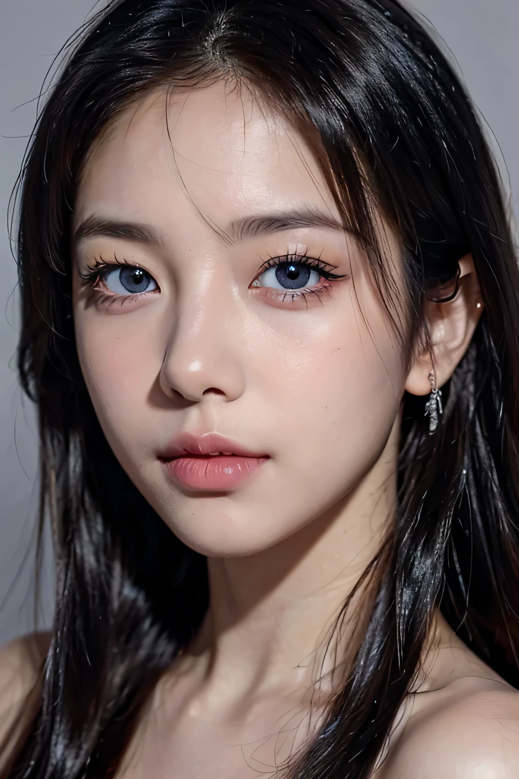 8k、High resolution、punk fashion、beautiful girl、young、white skin,、narrow eyes,high nose,lighting that illuminates the face、clear image、intellectual beauty、skinny、no makeup、anxious look、lighting that illuminates the face,shining hair、single eyelid,blue eyes