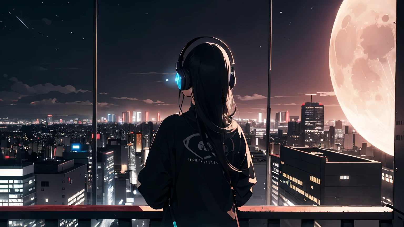 ((it is night)) a girl with long hair looking towards tokyo city. she is wearing a headset and listening to music. the photo shows the back of the girl. moon in the sky. tall buildings, buildings light up.