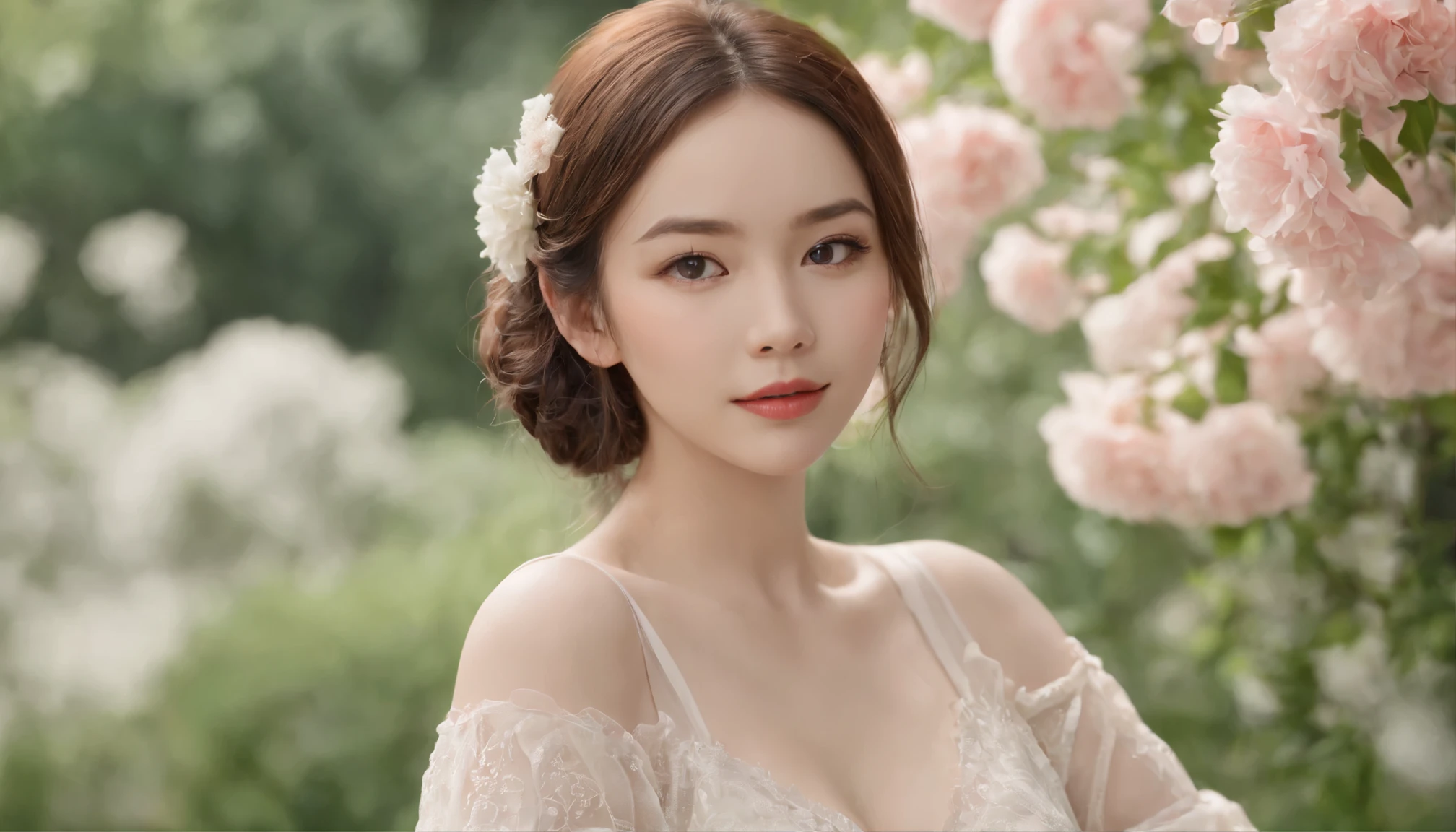 La mejor calidad,Ultra detallado,realista,anime,Retratos,Chizuru Mizuhara,Chizuru Ichinose,De color,Hermosos ojos,labios hermosos,Aspecto atractivo,Emotional Expression,Ropa elegante,posing in a garden,Ambiente alegre, Fondo vibrante,High-resolution illustration, pose sugestiva, poca ropa, hentai