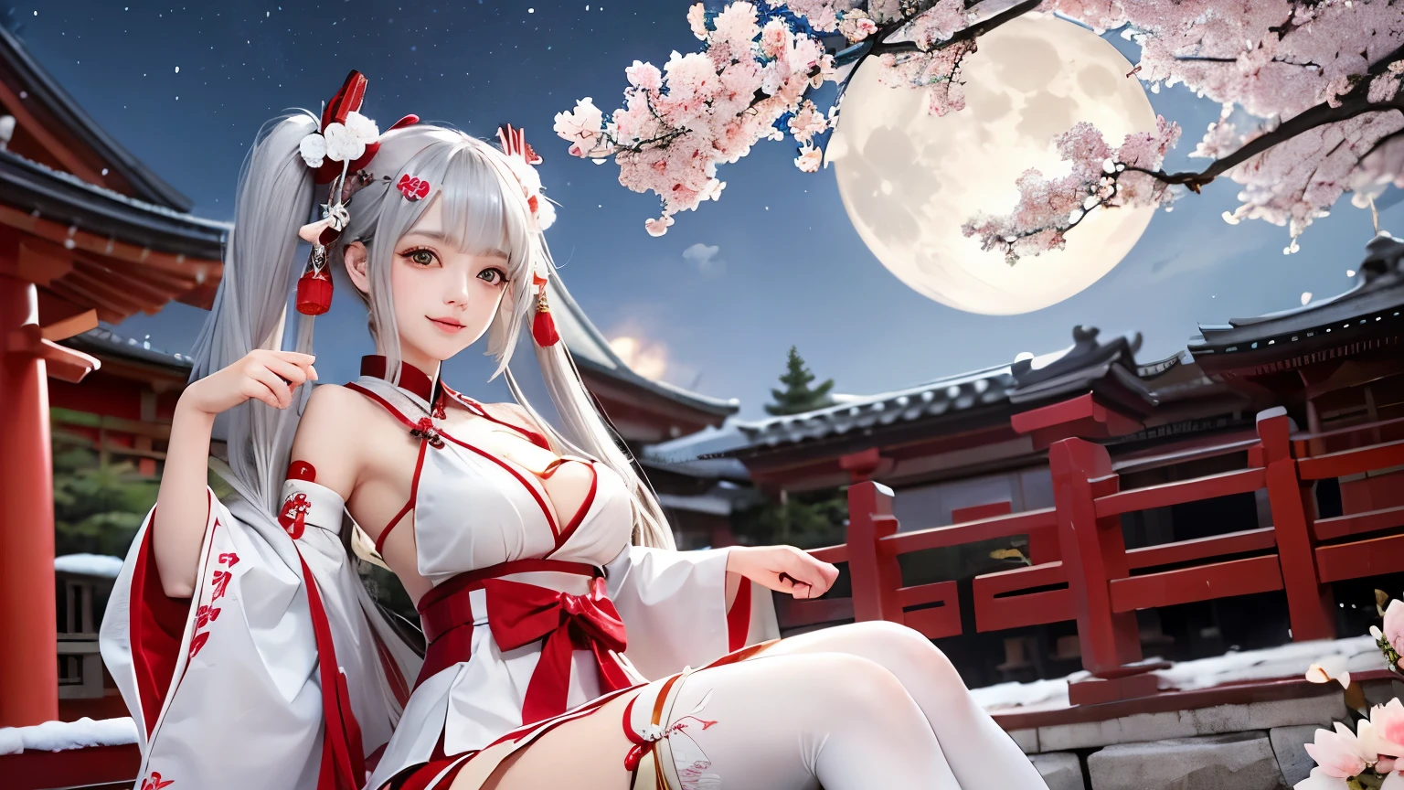 1 girl、Cute red and white shrine maiden costume, long gray hair, twin tails and bangs, Japan Traditional Hair Ornaments, cleavage, Shrine under the full moon night sky, sitting, white thigh high stockings, Lotus pond, Cherry Blossom、smile、5 fingers on hand