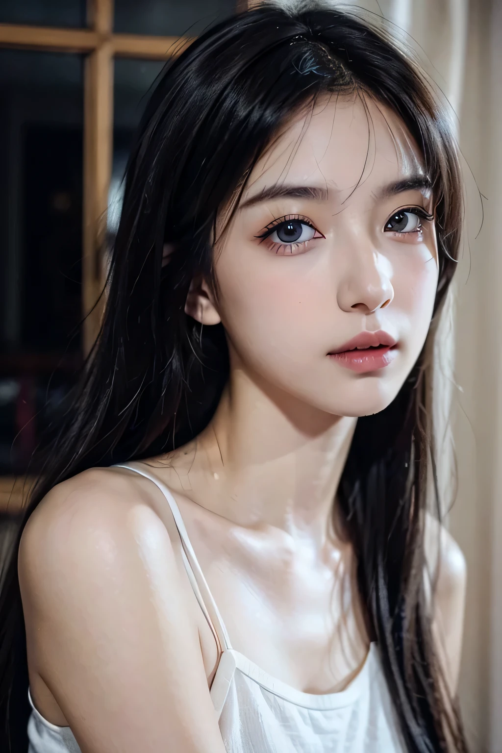 ８ｋ、High resolution、punk fashion、beautiful girl、young、white skin,、narrow eyes,high nose,lighting that illuminates the face、clear image、intellectual beauty、skinny、no makeup、anxious look、lighting that illuminates the face,shining hair、single eyelid,blue eyes