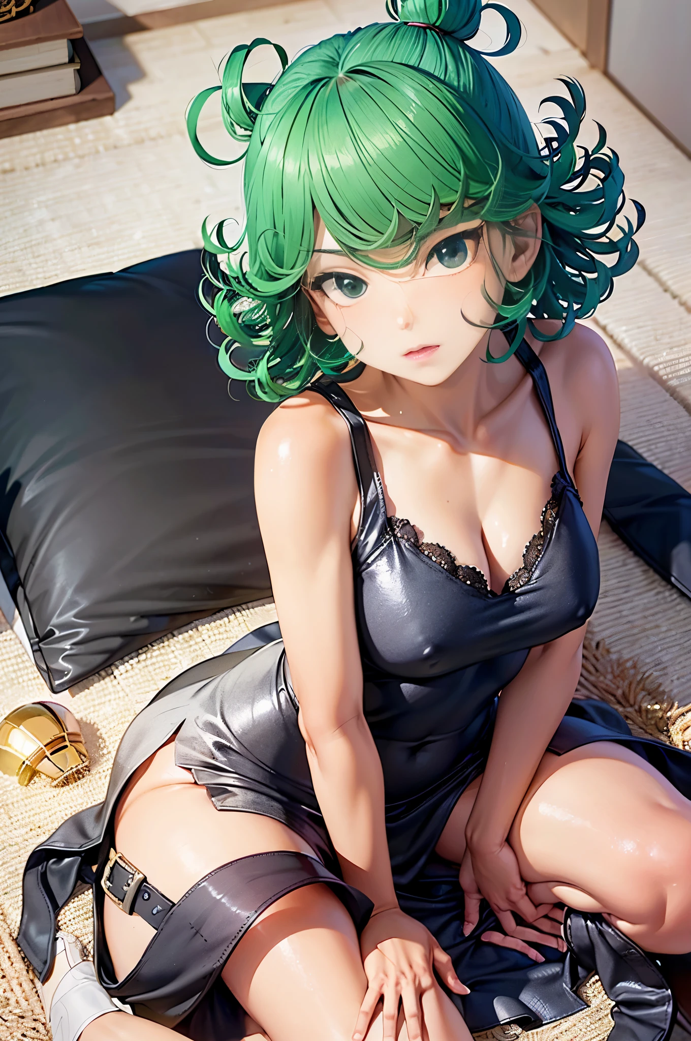 (best quality:1.2),Masterpiece, 1girl, unamused,anime girl with green hair and black dress laying on floor next to open book, top rated on pixiv, at pixiv, tatsumaki from one punch man, beautiful anime girl squatting, bending over, seductive anime girl, the anime girl is crouching, tatsumaki, pixiv 3dcg, popular on pixiv, ecchi, pixiv