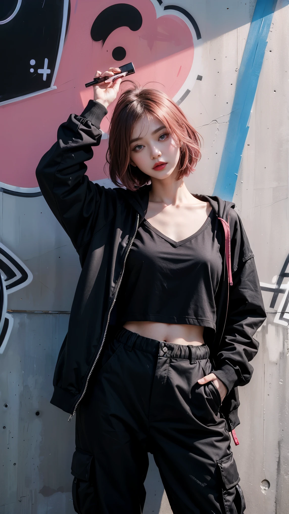 best quality, Clarity, 4k, 8k, detail, actual, Beautiful Girl, Korean makeup, Red lips, pink and blue wolf haircut, Perfect body, thigh, stand, pose standing, medium chest, black hoodies, black Cargo Box Pants, Solid graffiti wall background, Graffiti art,