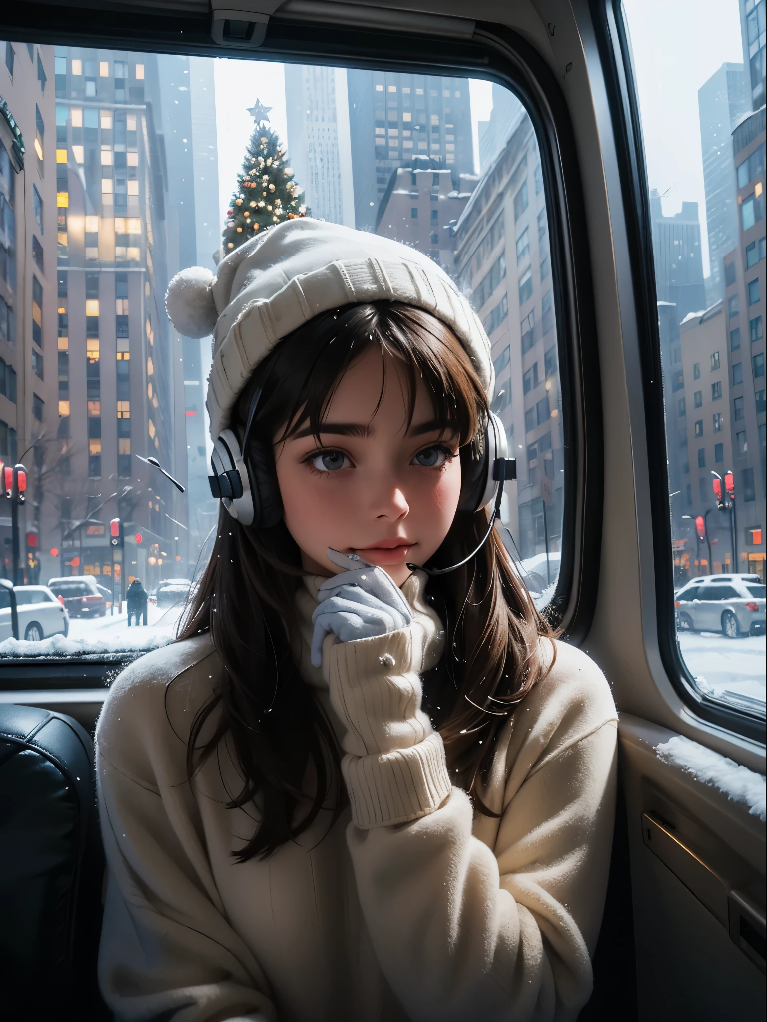 lofi relaxed one brunette girl with headphones drives inside bus, looks through window, head glued to window. winter night, it's snowing a lot. beautiful winter landscape of New York Rockefeller Center with huge (Christmas trees). travel. tourist. christmas sweater, gloves, winter hat. long hair. cold breath.