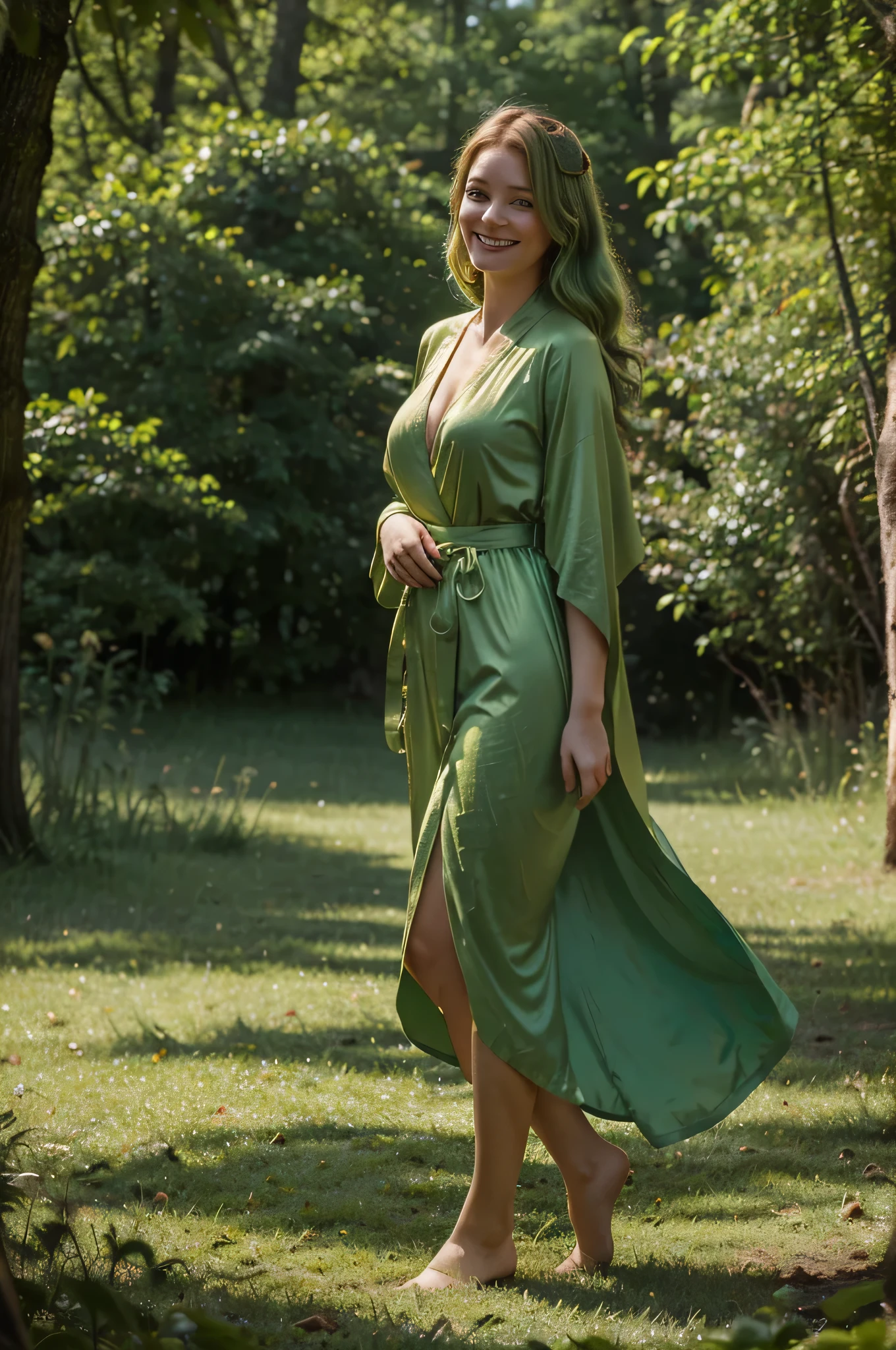 um retrato. onde uma mulher sorridente e perfeita. com o rosto da atriz Elizabeth Ann Woll. caminha em uma floresta verdejante. ela tem cabelo esverdeado. ela usa um robe sofisticado verde e dourado. o manto se move junto com o vento. revelando as pernas da mulher. the woman herself seems to be floating with the wind.