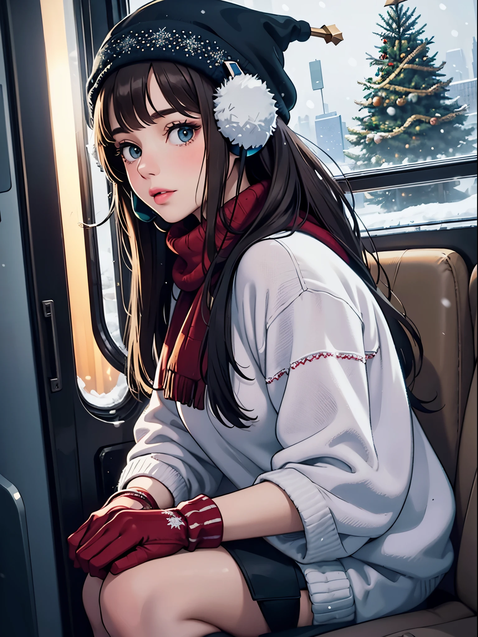 lofi relaxed one brunette girl with headphones drives inside bus, looks through window, head glued to window. winter night, it's snowing a lot. beautiful winter landscape of New York Rockefeller Center with huge (Christmas trees). travel. tourist. christmas sweater, gloves, winter hat. long hair. cold breath.