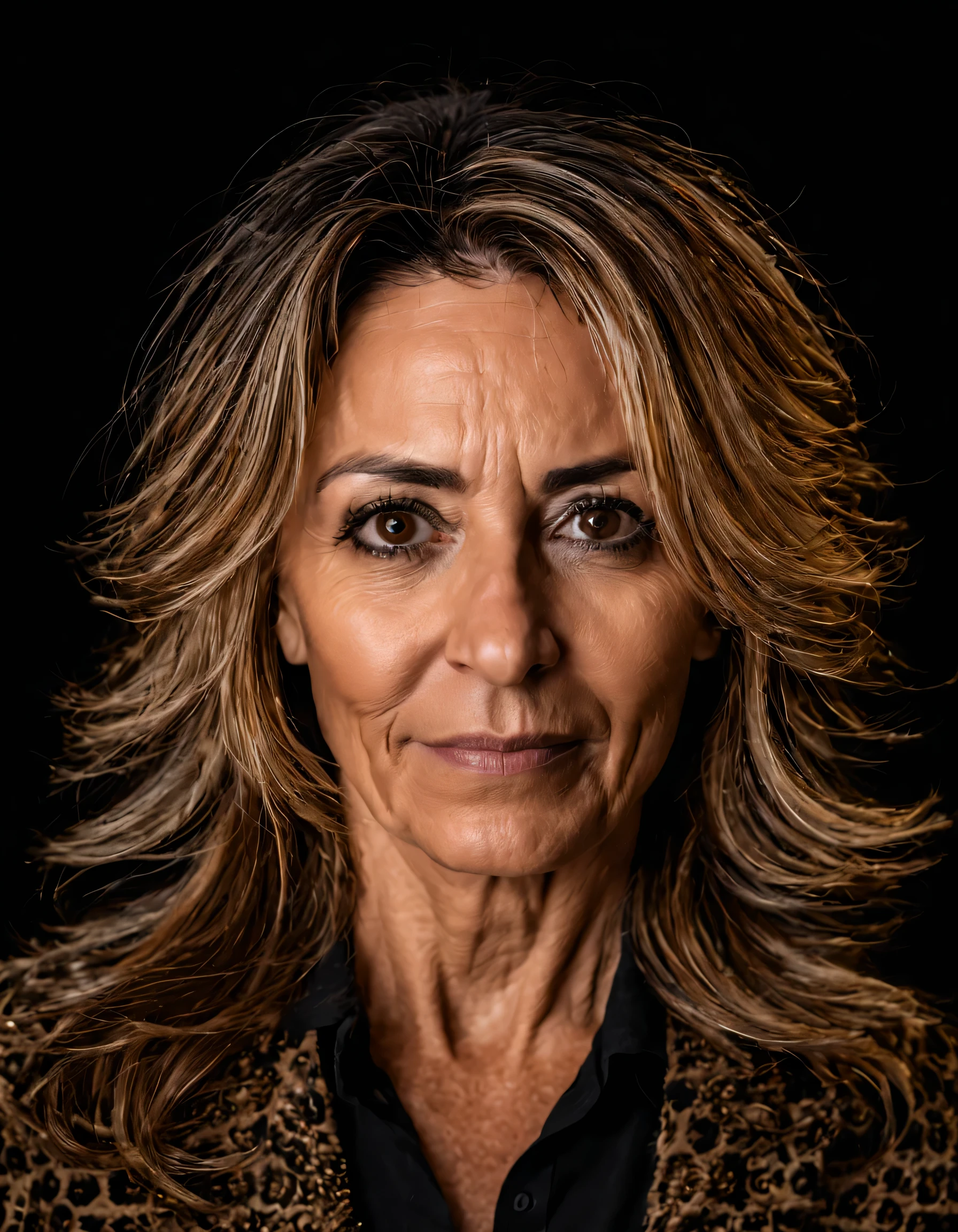 portrait photo of a 45 years old woman named Ramona klyde, brown eyes, studio lighting, black background, (front view : 2:0 ), detailed, 8K, 