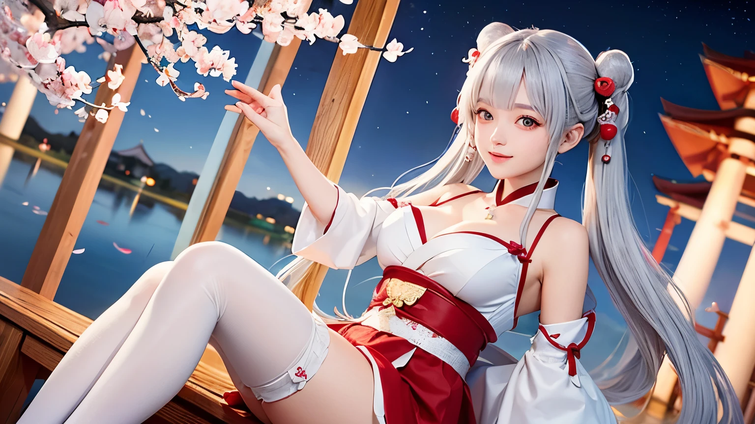 1 girl、Cute red and white shrine maiden costume, long gray hair, twin tails and bangs, Japan Traditional Hair Ornaments, cleavage, Shrine under the full moon night sky, sitting, white thigh high stockings, Lotus pond, Cherry Blossom、smile、5 fingers on hand