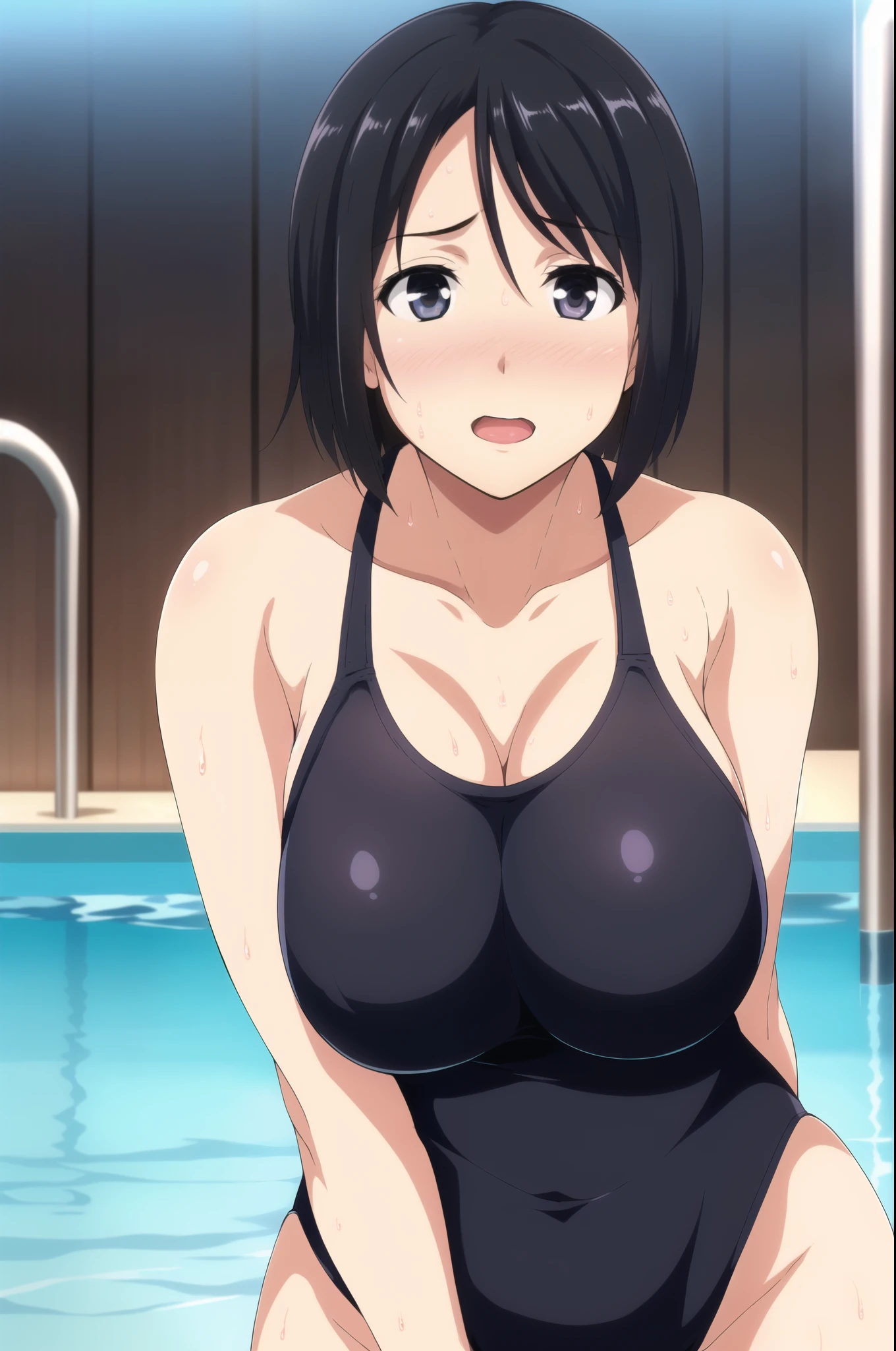 master piece, anime, 1girl, stand up, SHAME, SHY, COVERING BREAST , blush, solo, short hair, huge breasts, black hair, , black eyes, collarbone, purple swimsuit,SURPRISED ,  one-piece swimsuit, , pool, competition swimsuit, , (masterpiece: 1.0), (best_quality: 1.0), ultra high resolution, 4K, ultra detailed, photography, 8K, HDR, highres, absurders:1.2, Kodak portra 400, film grain, blurred background, bokeh:1.2, l (vibrant_color:1.2) (beautiful_face:1.5),(narrow_waist),
