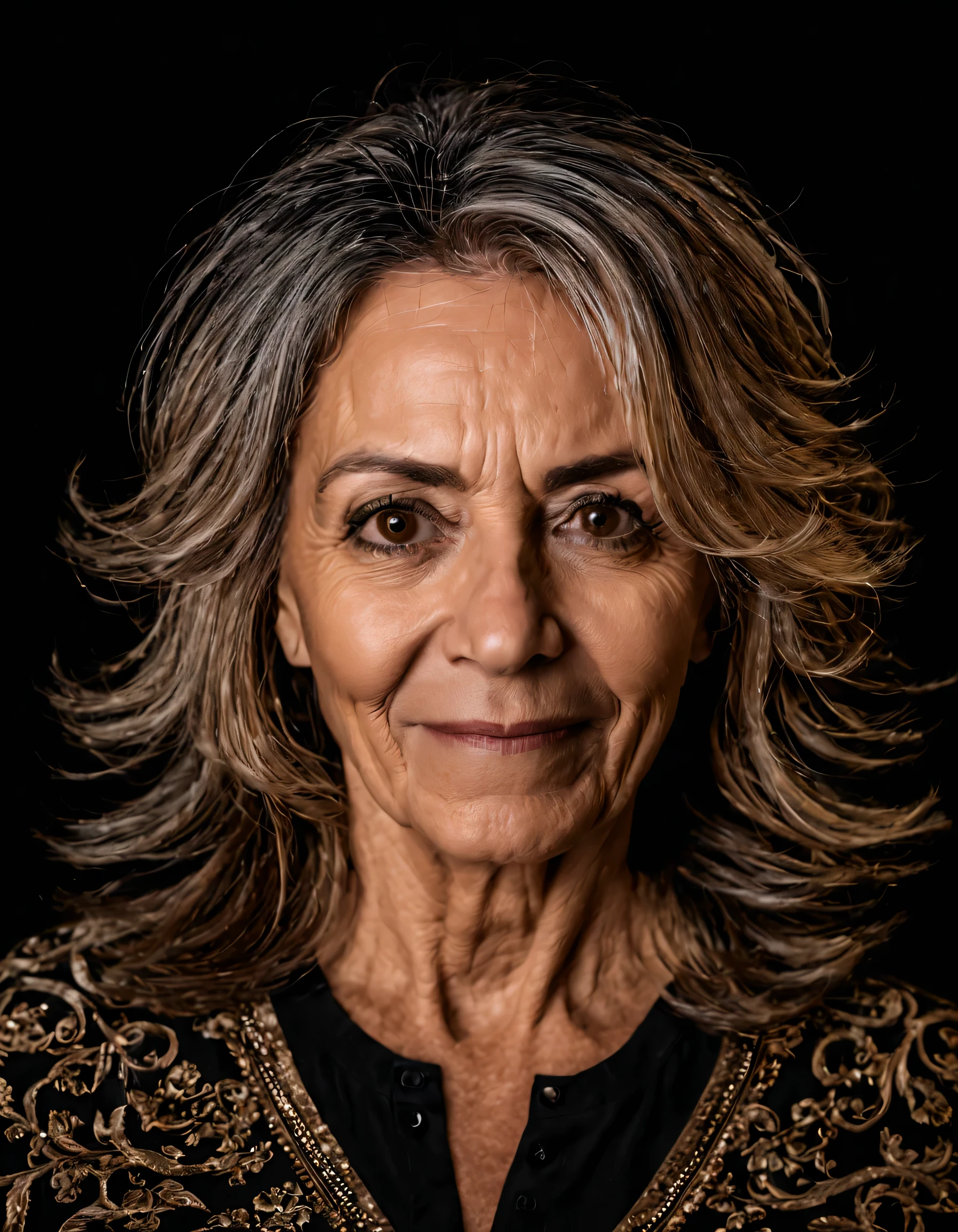 portrait photo of a 55 years old woman named Ramona klyde, brown eyes, studio lighting, black background, (front view : 2:0 ), detailed, 8K, 