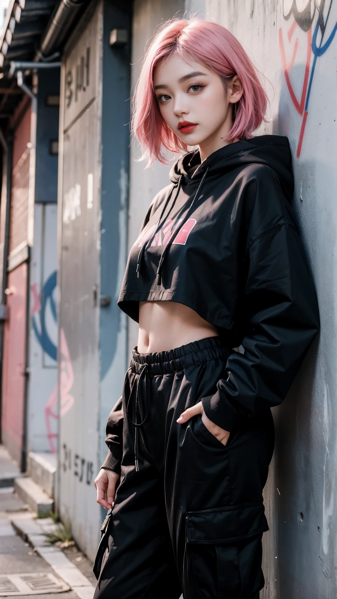 best quality, Clarity, 4k, 8k, detail, actual, Beautiful Girl, Korean makeup, Red lips, pink and blue wolf haircut, Perfect body, thigh, stand, pose standing, medium chest, black hoodies, black Cargo Box Pants, Solid graffiti wall background, Graffiti art,