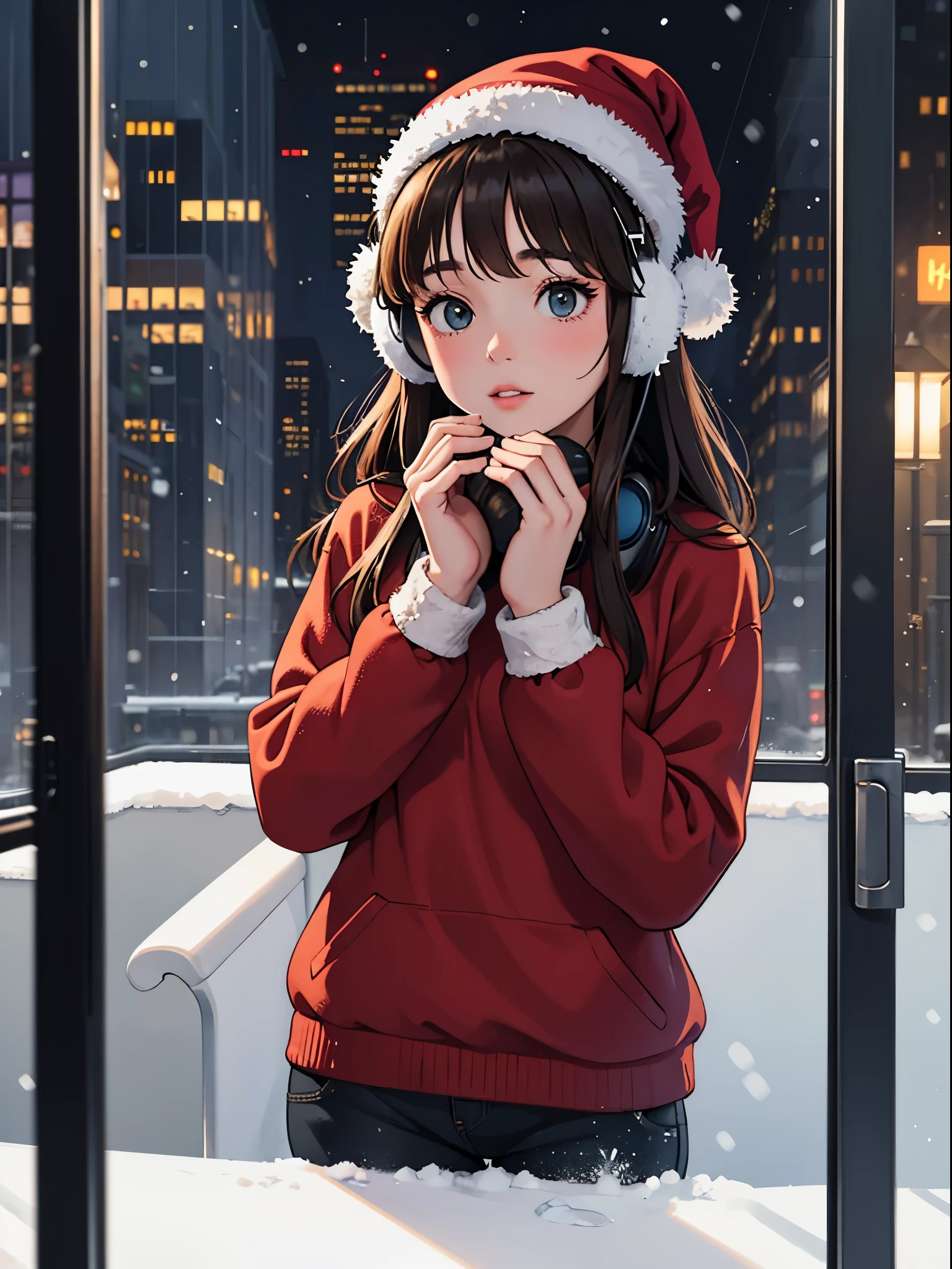 lofi relaxed one brunette girl with headphones drives inside bus, looks through window, head glued to window. winter night, it's snowing a lot. beautiful winter landscape of New York Rockefeller Center with huge (Christmas trees). travel. tourist. christmas sweater, winter hat. long hair. cold breath.