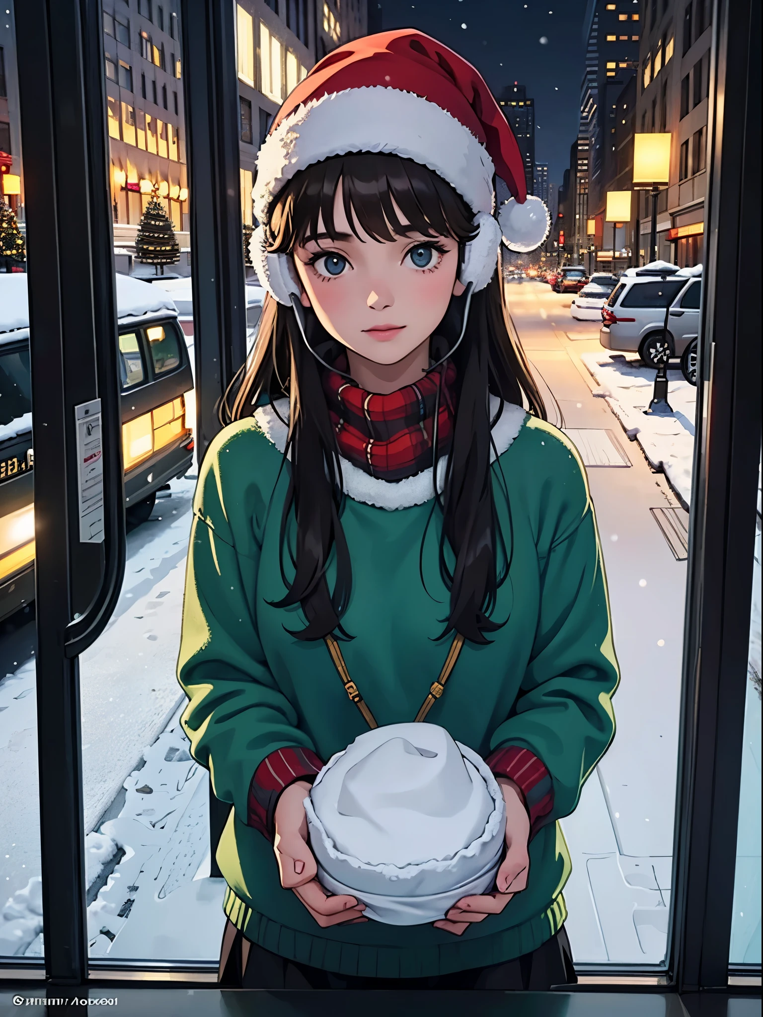 lofi relaxed one brunette girl with headphones drives inside bus, looks through window, head glued to window. winter night, it's snowing a lot. beautiful winter landscape of New York Rockefeller Center with huge (Christmas trees). travel. tourist. christmas sweater, winter hat. long hair. cold breath.