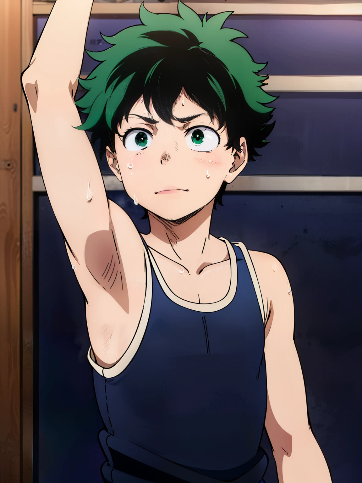 1boy, absurdres, midoriya izuku, bare shoulders, bare chest, shirtless, armpit, (showing armpit:1.3),  green hair, green eyes, eyebrows, freckles, furrowed brow, blurry, blurry background, boku no hero academia, curly hair, highres, looking away, male focus,(slim body, skinny body), muscular, muscular male, open mouth, red eyes, short hair, spiked hair, sweat, wiping sweat,