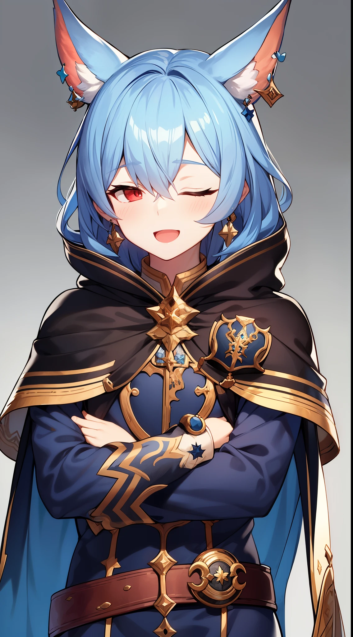 masterpiece,best quality,Drang,(granbluefantasy:0.75),solo,male,erune,animal ears,blue hair,long hair,closed eyes,hair over one eye,earrings,black cape,hood down,long sleeves,belt,single glove,smile,blush,open mouth,crossed arms,chibi