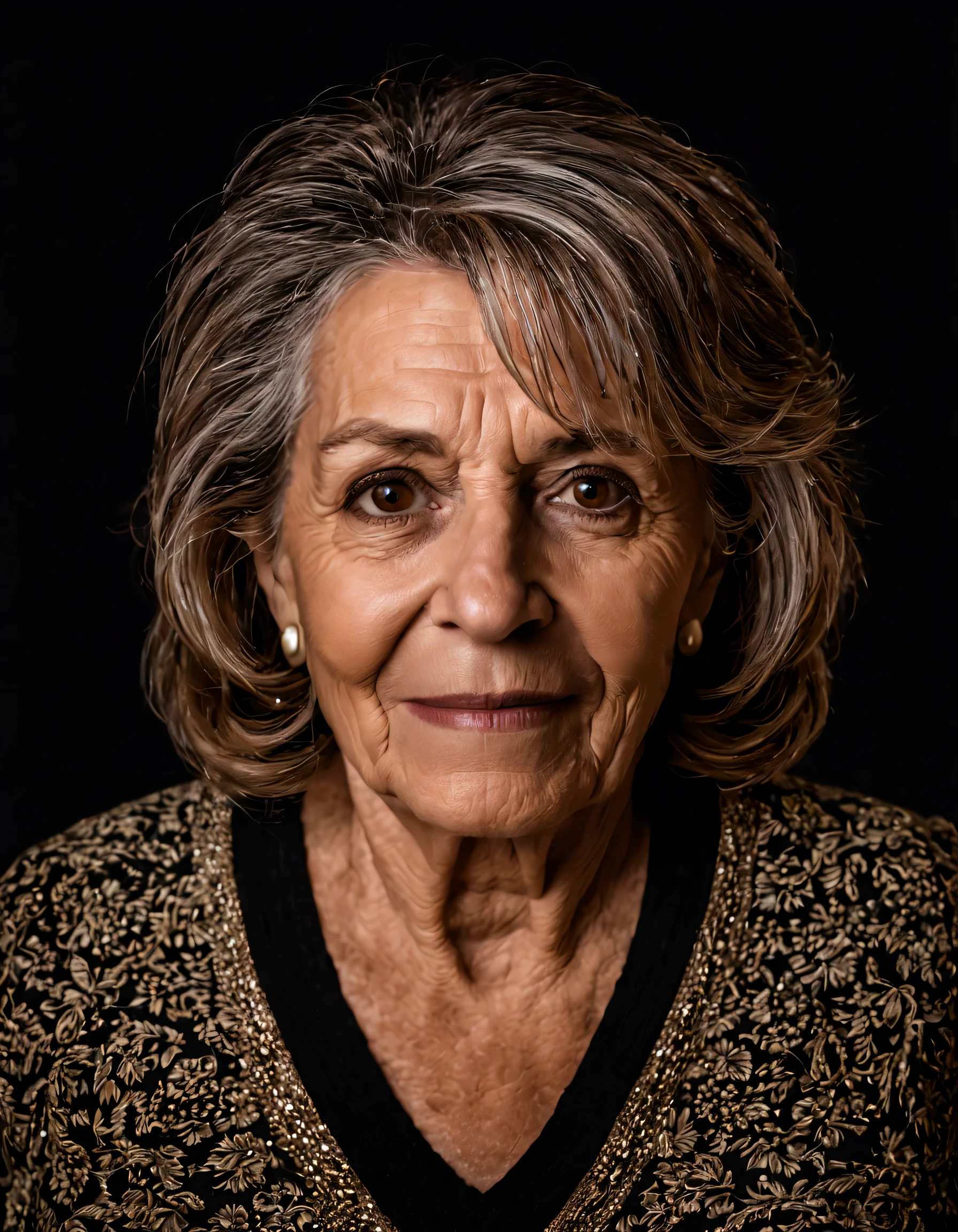 portrait photo of a 65 years old woman named Ramona klyde, brown eyes, studio lighting, black background, (front view : 2:0 ), detailed, 8K, 