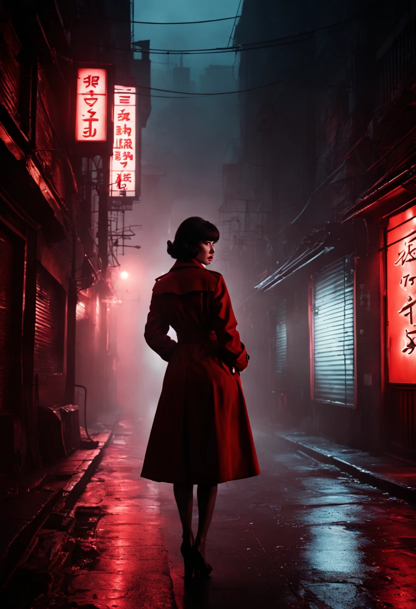 Midnight rendezvous, silhouetted figure of a female secret agent, trench coat, red dress, vintage 1960s style, high contrast lighting, shadowy alley, foggy, neon signs in Japanese and Mandarin, code book in hand, by Ian McQue and John Harris, cinematic composition, 8k, ultra-realistic, noir aesthetic, suspenseful atmosphere