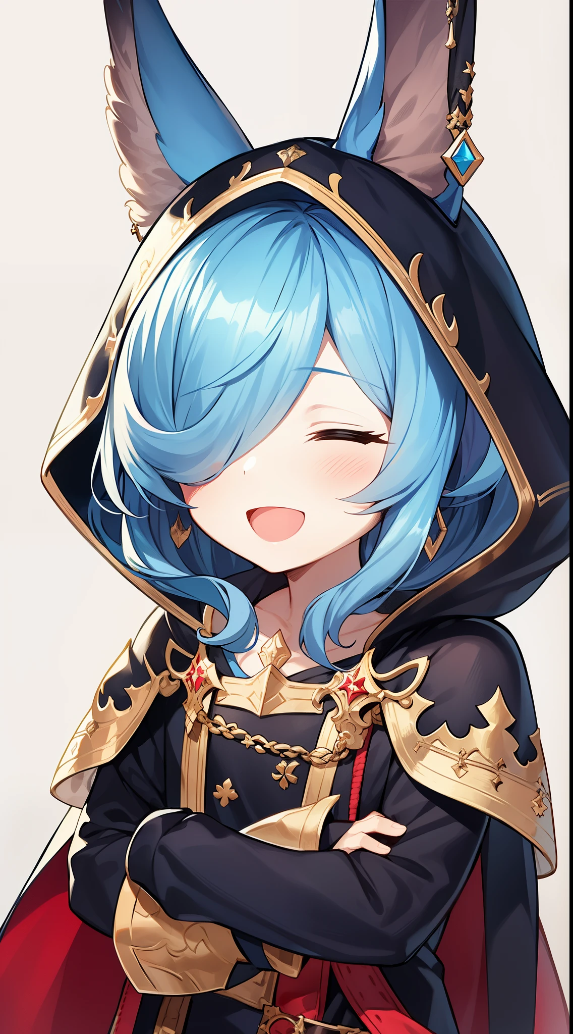 masterpiece,best quality,Drang,(granbluefantasy:0.75),solo,male,erune,animal ears,blue hair,long hair,closed eyes,hair over one eye,earrings,black cape,hood down,long sleeves,belt,single glove,smile,blush,open mouth,crossed arms,chibi