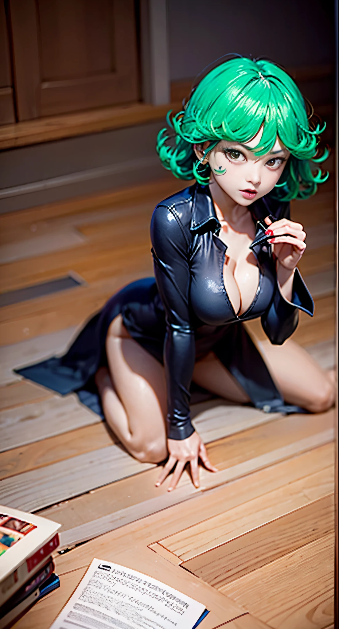 anime girl with green hair and black dress laying on floor next to open book, an anime drawing by Shitao, pixiv, fantasy art, top rated on pixiv, at pixiv, tatsumaki from one punch man, beautiful anime girl,jack-O', bending over, seductive anime girl, the anime girl is crouching, tatsumaki