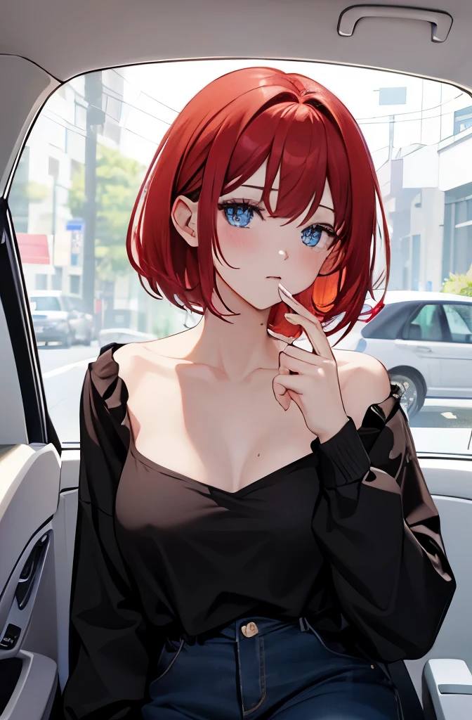 whole body、8K, best quality, master piece, ultra-detailed, Super Short Hair、pale red hair、Straight Hair、、double eyelid eyes、Pale blue eyes、 、whole body、exposed、small breasts、Inside the car、inside the car、パンティをexposedしている、show your breasts、wearing a blouse、blush